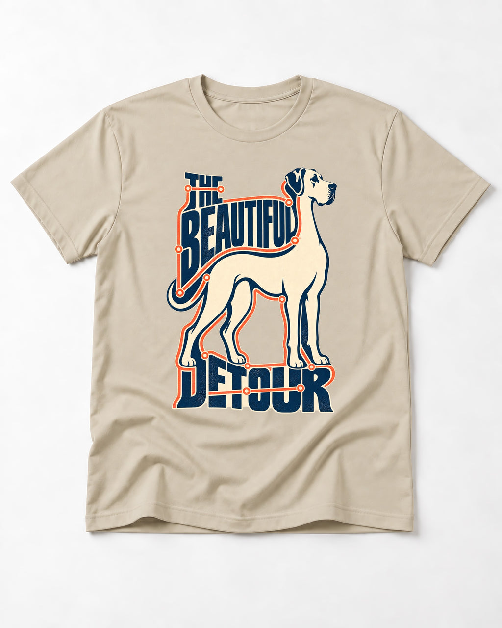 Great Dane's Beautiful Detour T-Shirt in Sand, flat lay product photo