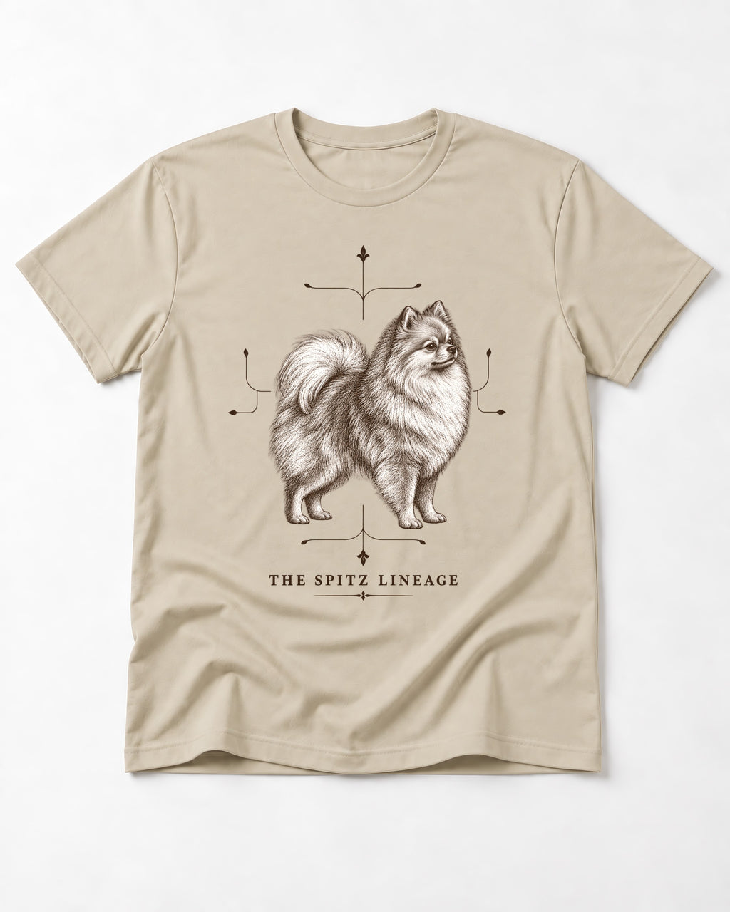 Pomeranian Spitz Lineage T-Shirt in Sand, flat lay product photo