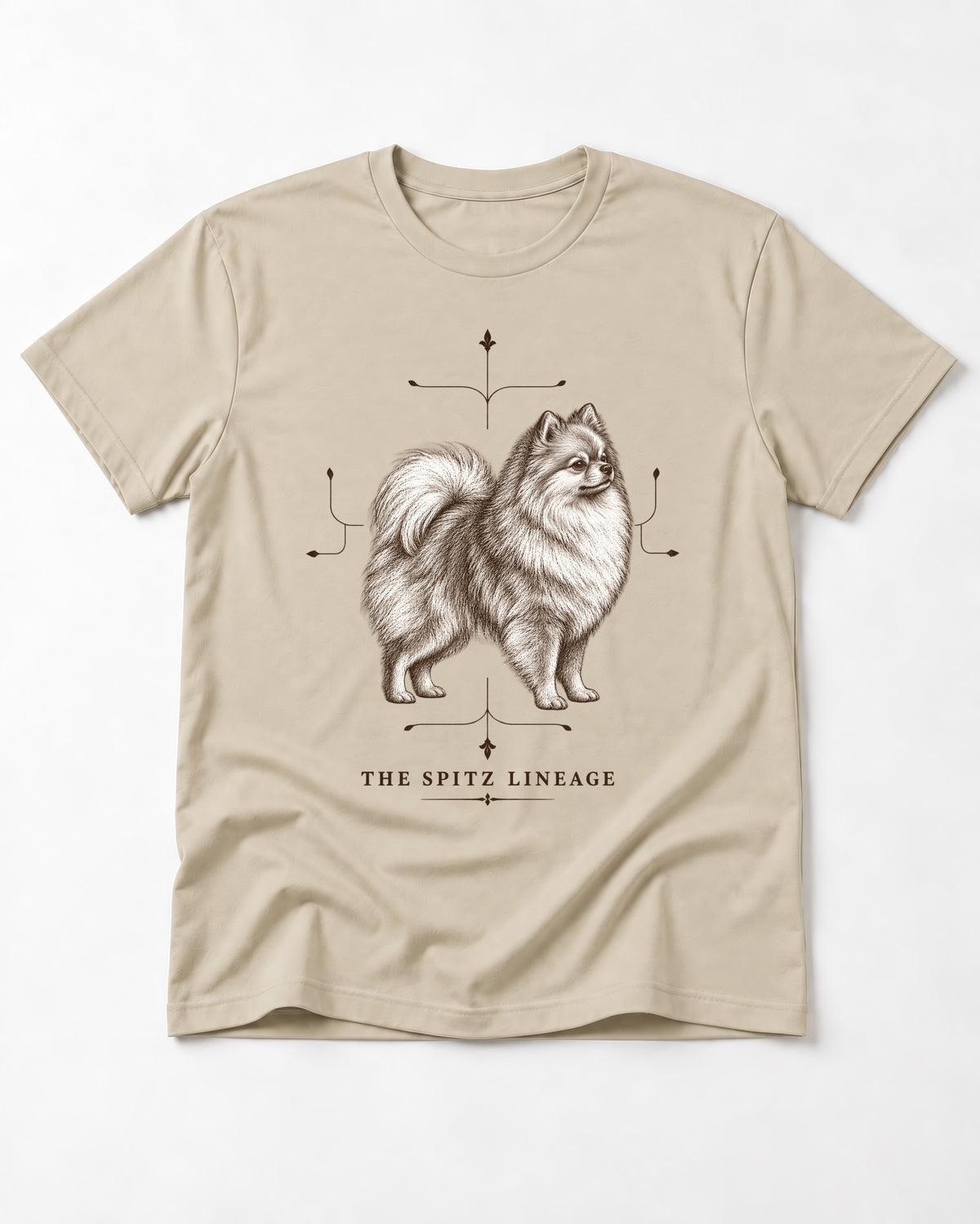 Pomeranian Spitz Lineage T-Shirt in Sand, flat lay product photo