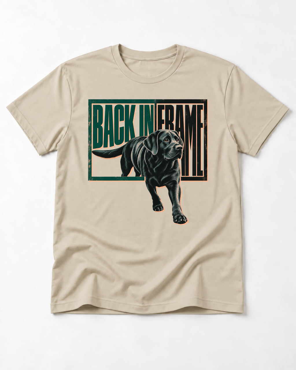 Labrador Retriever Back in Frame T-Shirt in Sand, flat lay product photo