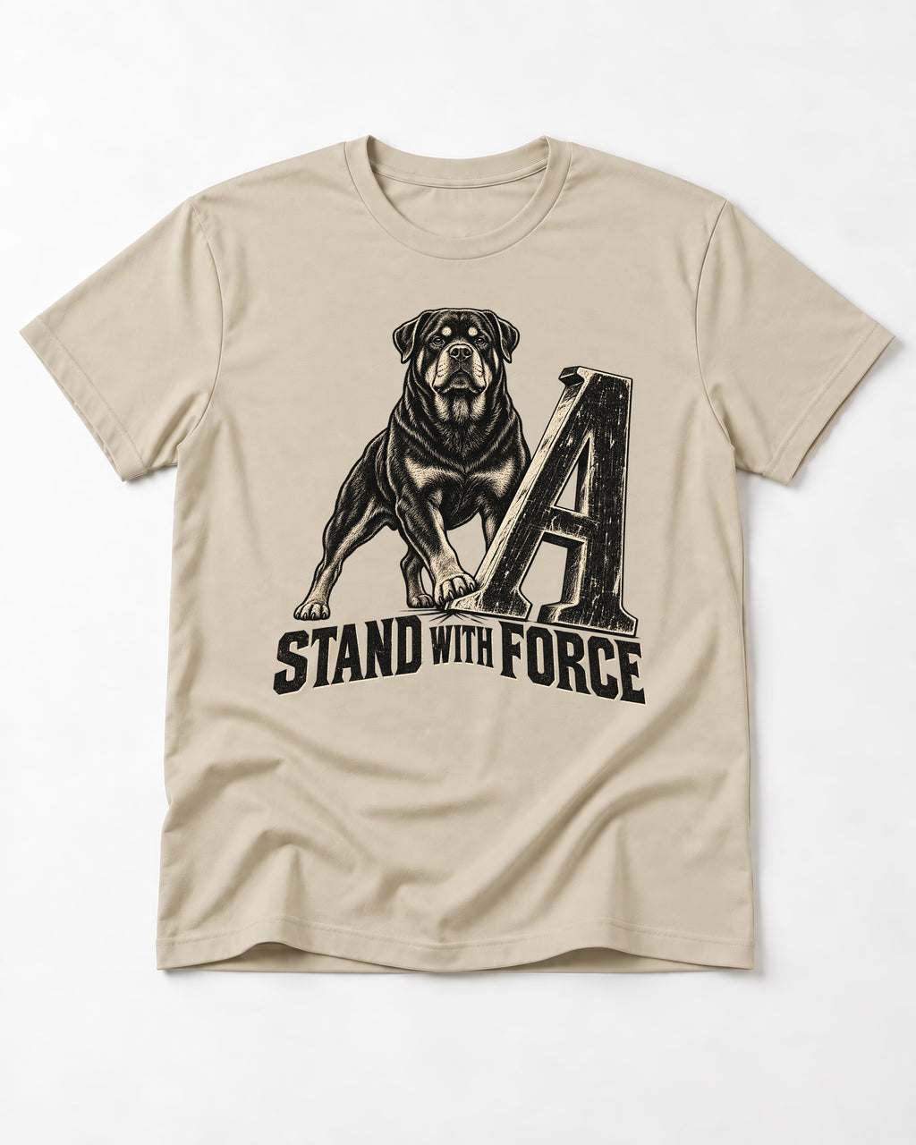 Rottweiler Stand with Force T-Shirt in Sand, flat lay product photo