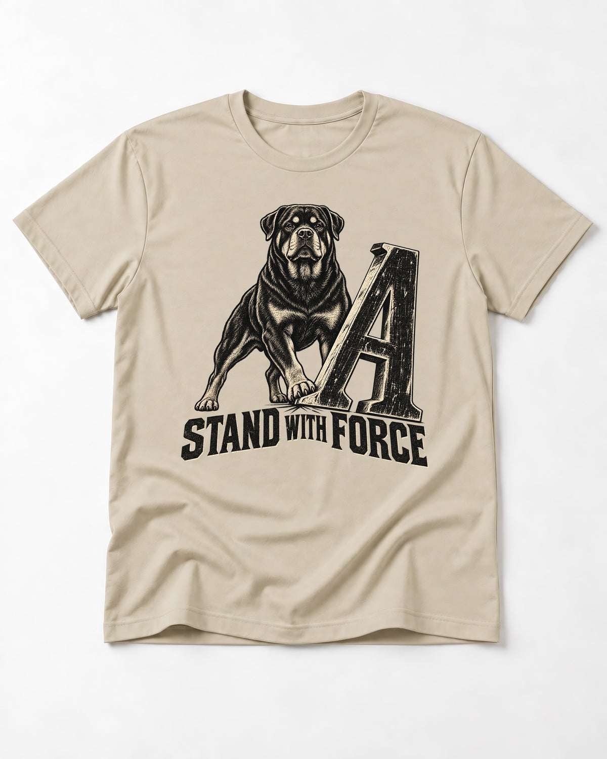 Rottweiler Stand with Force T-Shirt in Sand, flat lay product photo