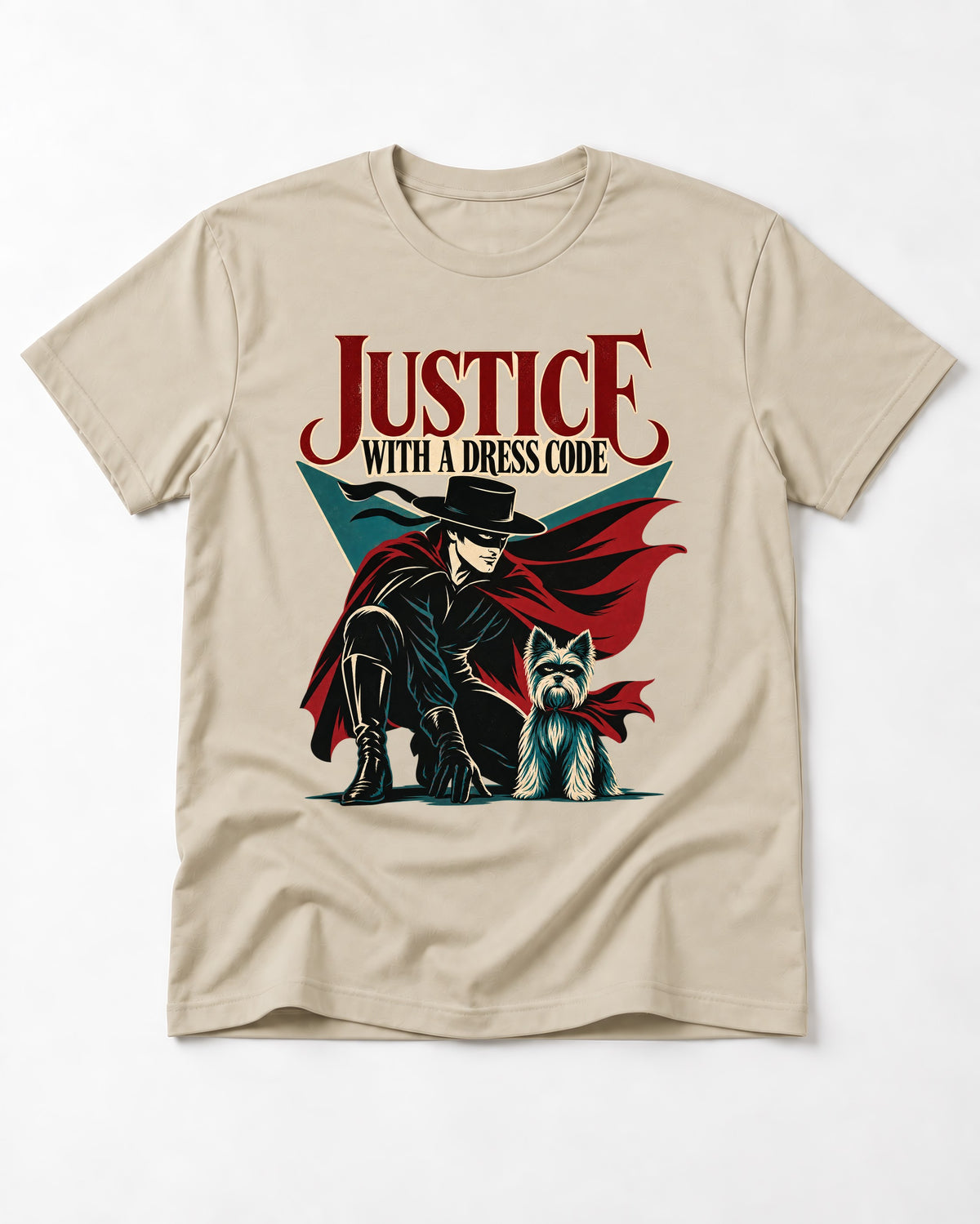 Yorkshire Terrier Dress Code Justice T-Shirt in Sand, flat lay product photo