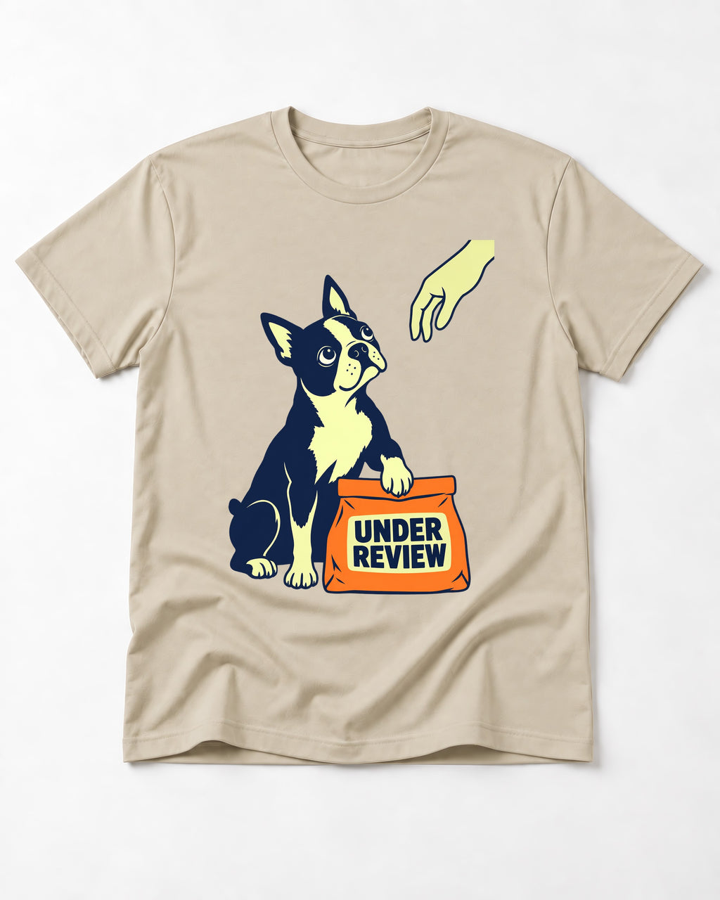 Boston Terrier Under Review T-Shirt in Sand, flat lay product photo