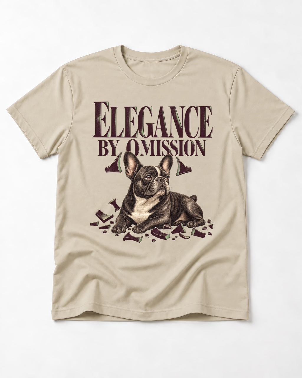 Frenchie Elegance by Omission T-Shirt in Sand, flat lay product photo