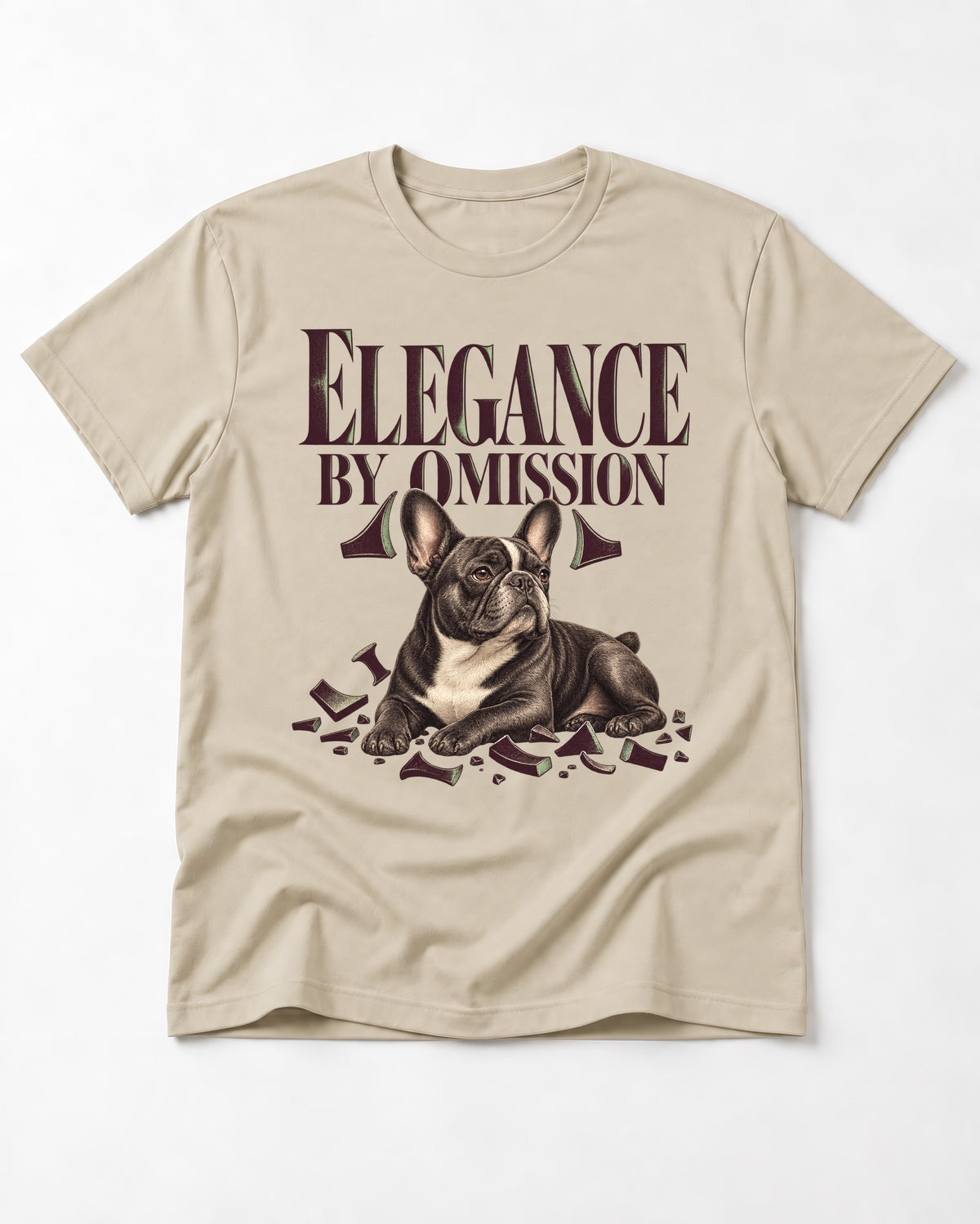 Frenchie Elegance by Omission T-Shirt in Sand, flat lay product photo