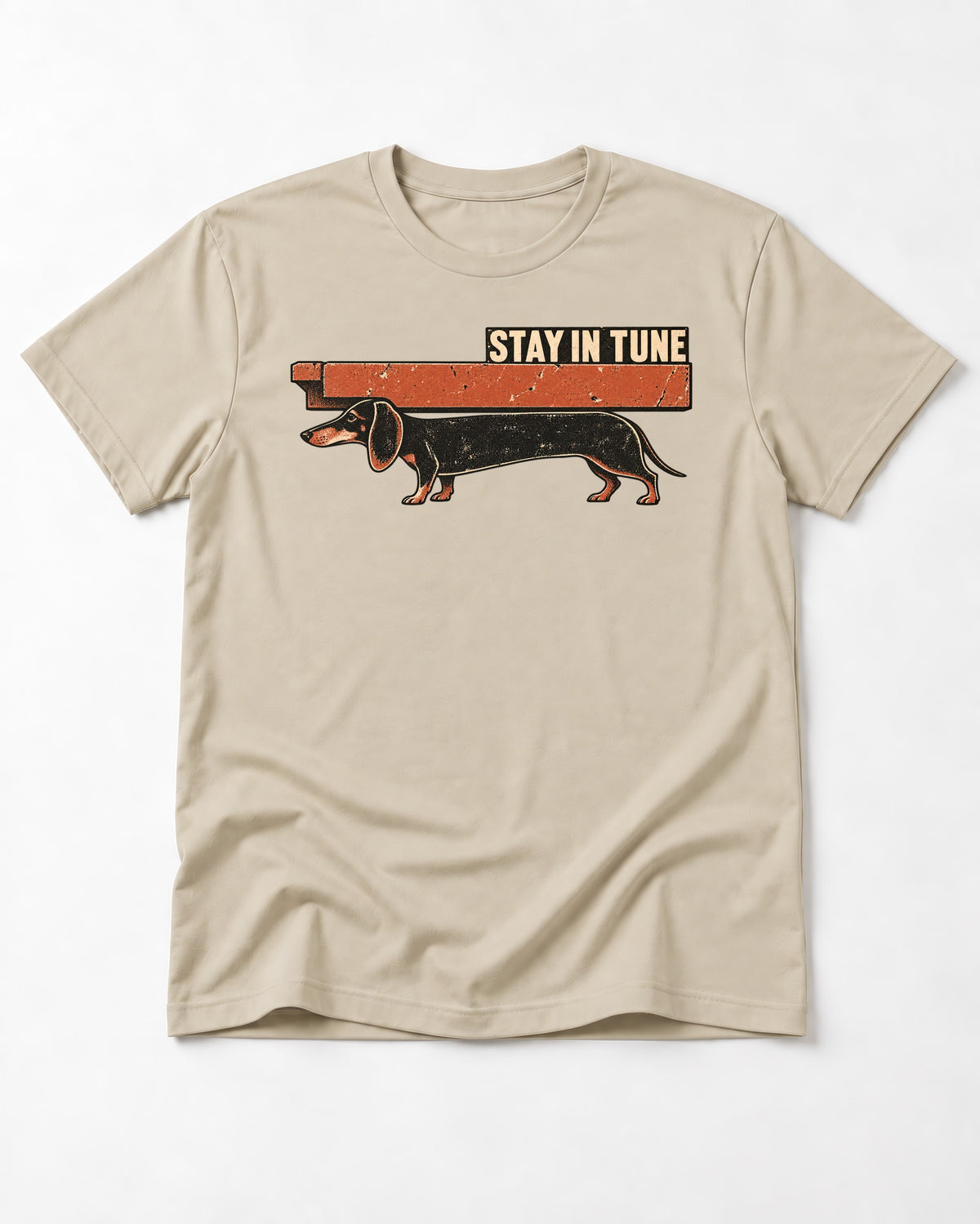 Dachshund Stay in Tune T-Shirt in Sand, flat lay product photo