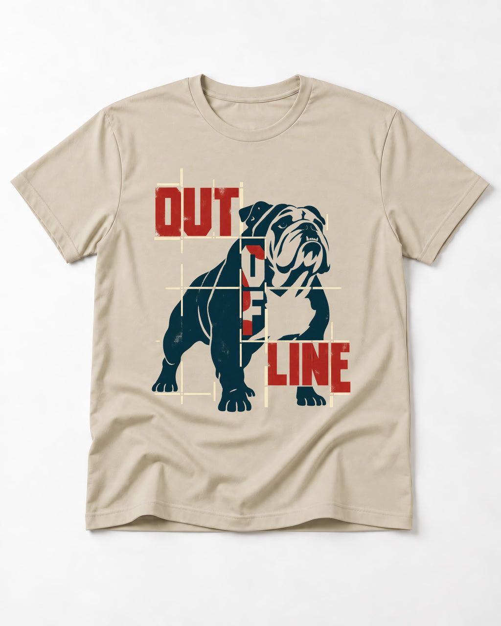English Bulldog Out of Line T-Shirt in Sand, flat lay product photo