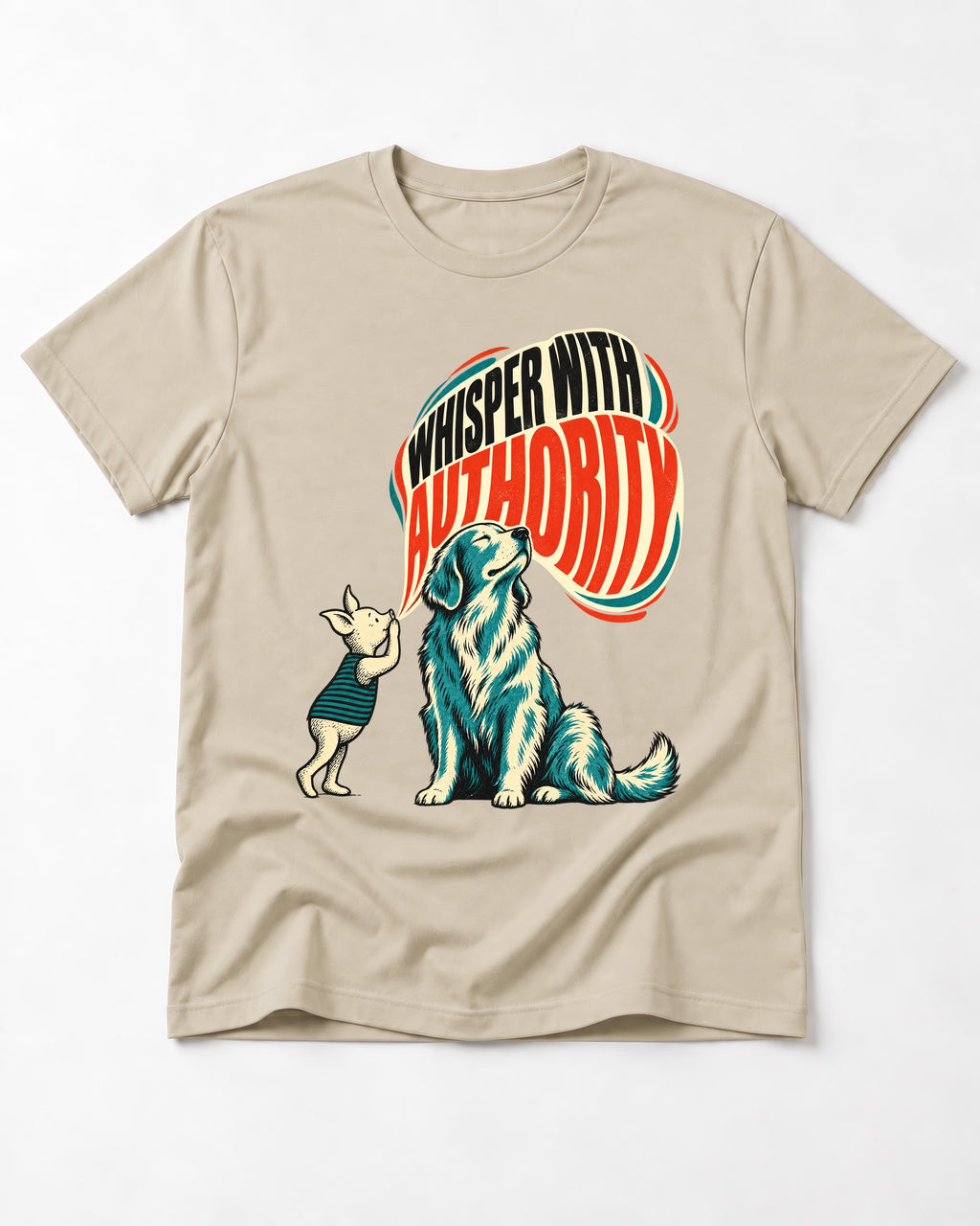 Golden Retriever Whisper with Authority T-Shirt in Sand, flat lay product photo