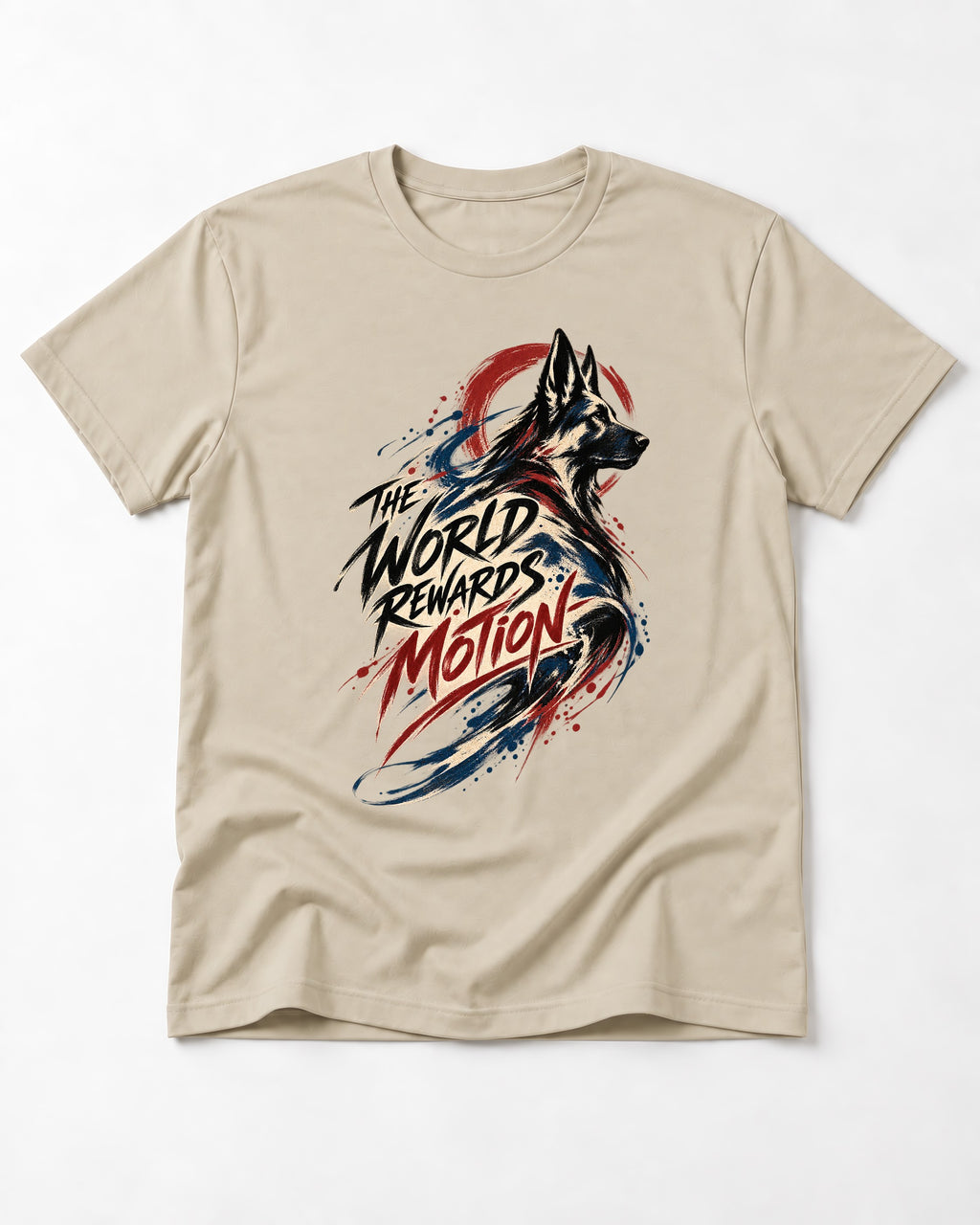 German Shepherd Dog The World Rewards Motion T-Shirt in Sand, flat lay product photo