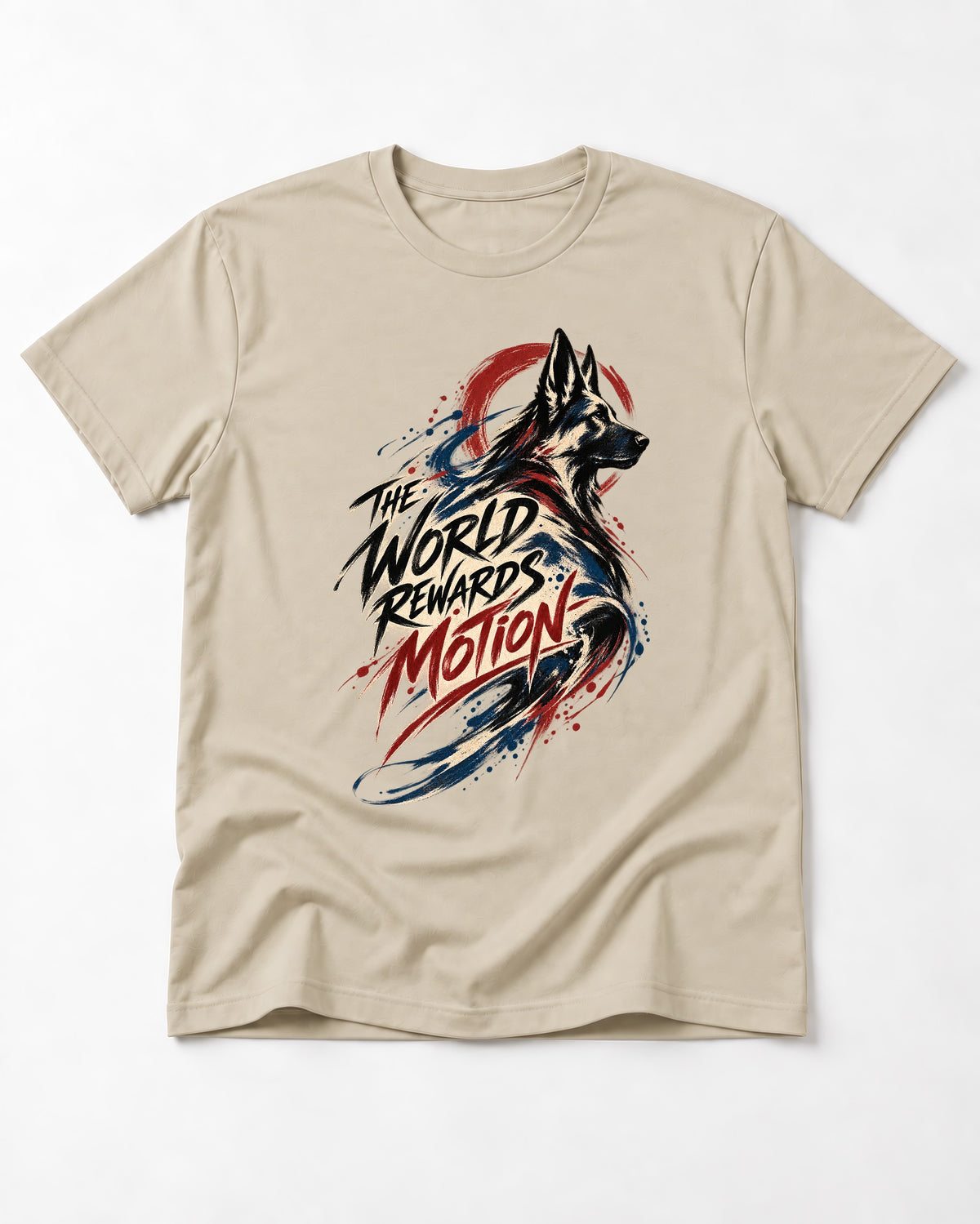German Shepherd Dog The World Rewards Motion T-Shirt in Sand, flat lay product photo
