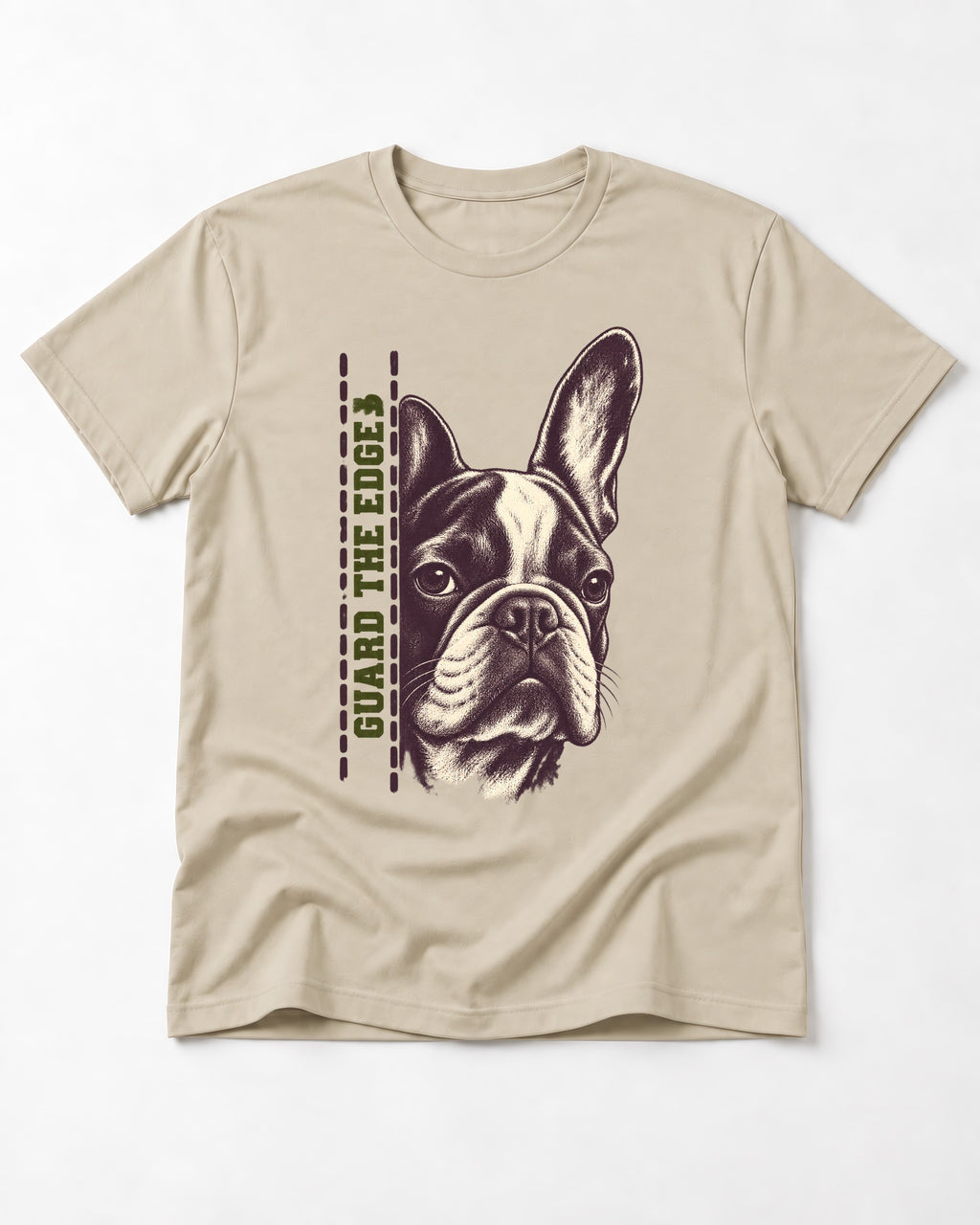 Frenchie Guard the Edge T-Shirt in Sand, flat lay product photo