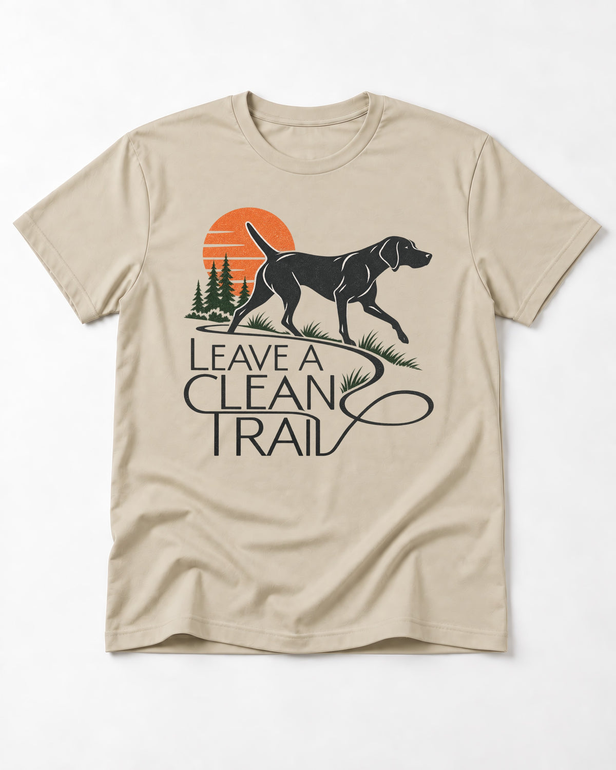 Leave a Clean Trail German Shorthaired Pointer T-Shirt in Sand, flat lay product photo