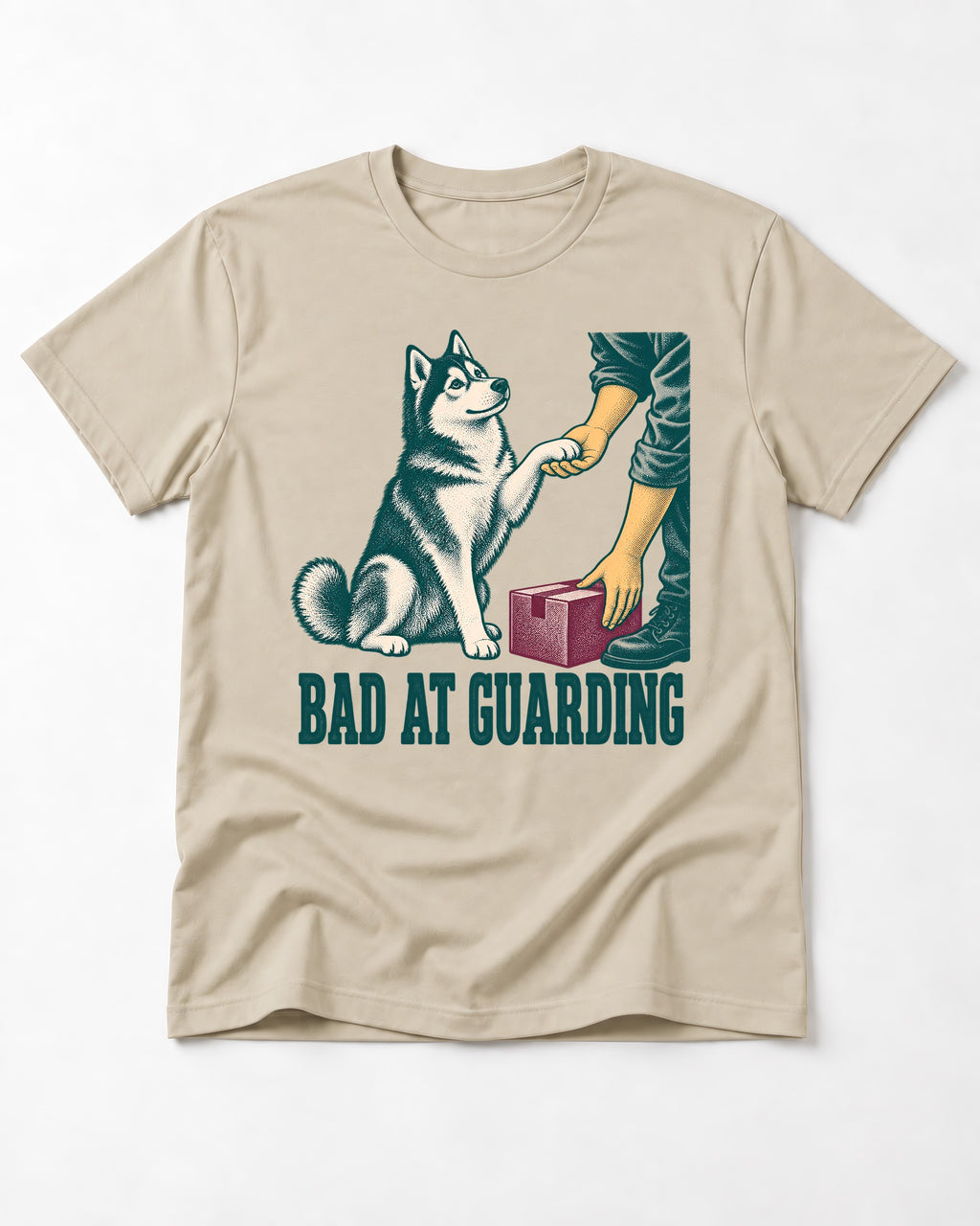 Husky's Bad at Guarding T-Shirt in Sand, flat lay product photo