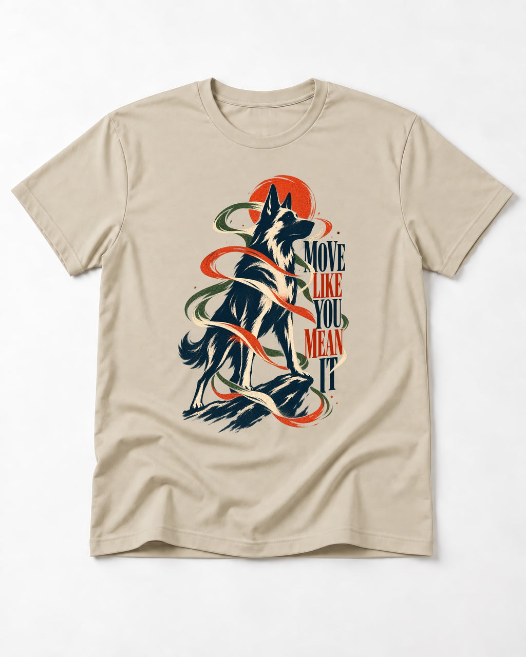 German Shepherd Dog Mean It T-Shirt in Sand, flat lay product photo