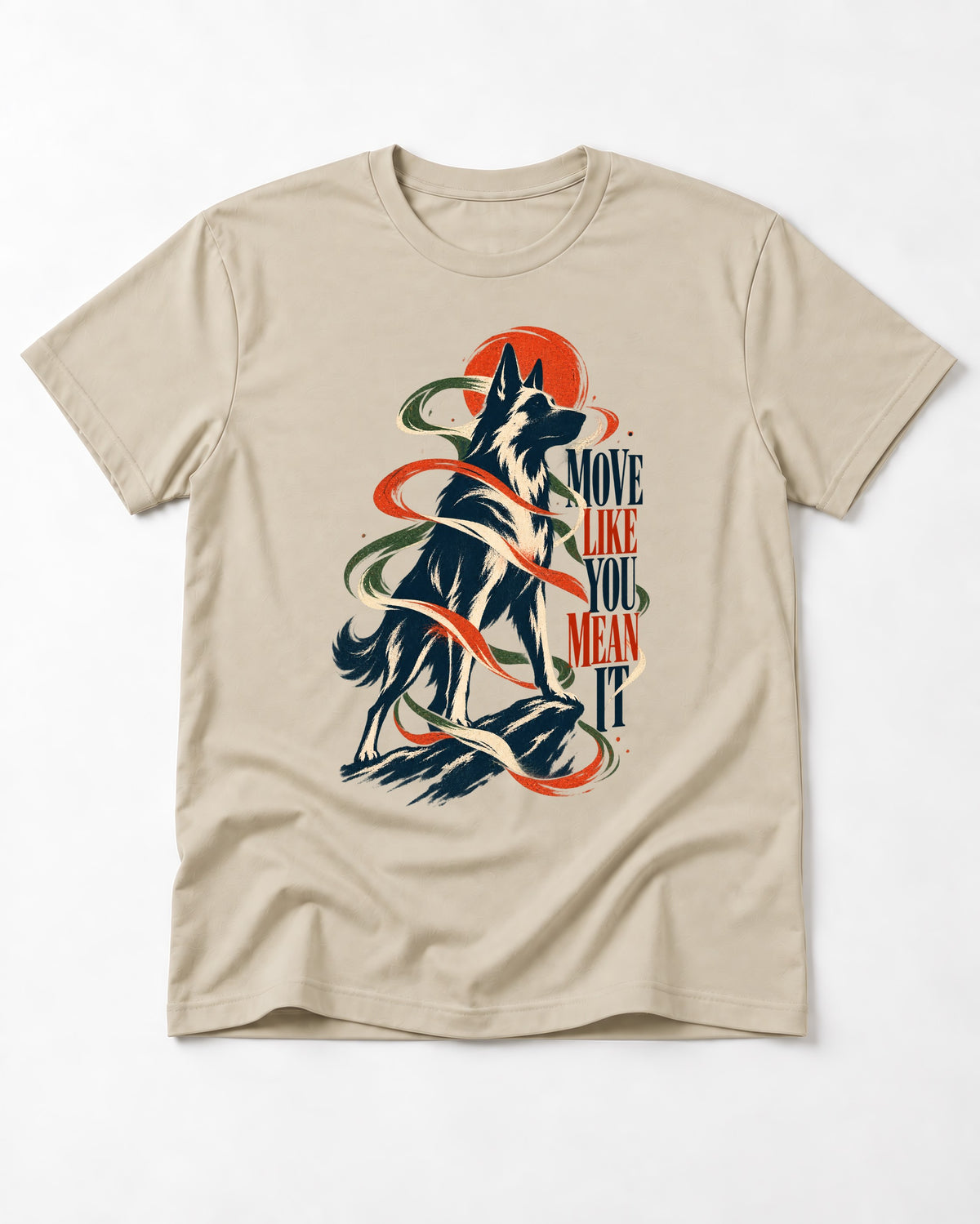 German Shepherd Dog Mean It T-Shirt in Sand, flat lay product photo