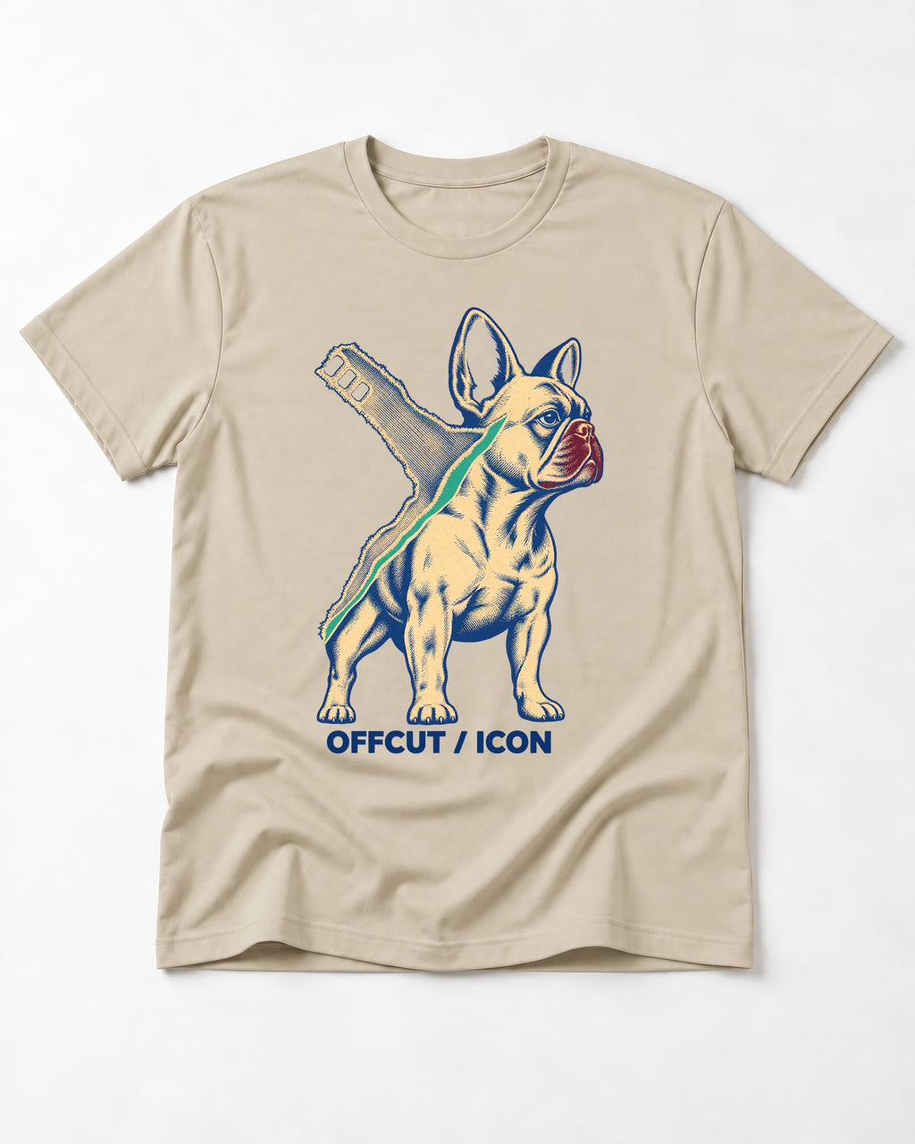 Offcut Frenchie Icon T-Shirt in Sand, flat lay product photo