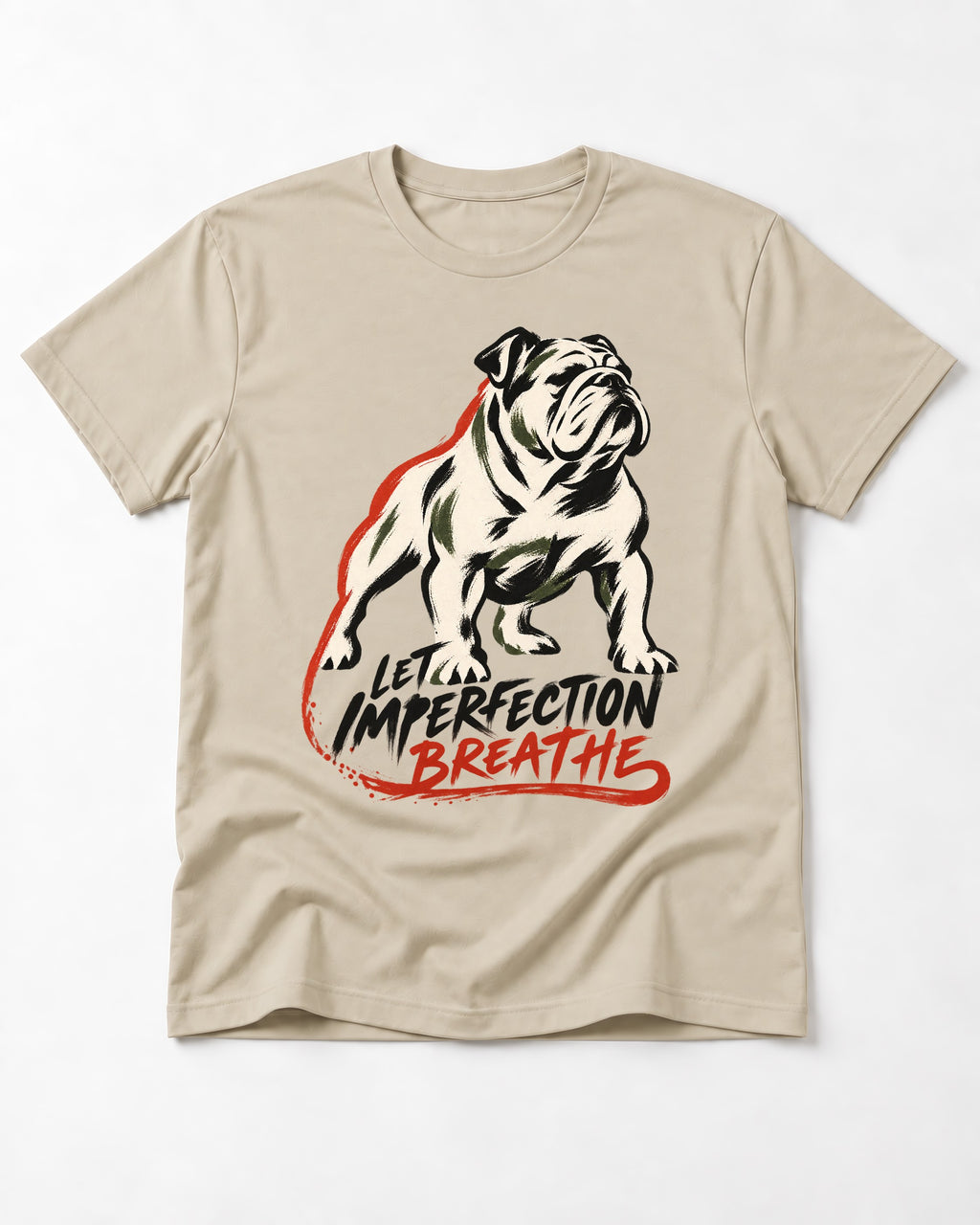 Let Imperfection Breathe English Bulldog T-Shirt in Sand, flat lay product photo