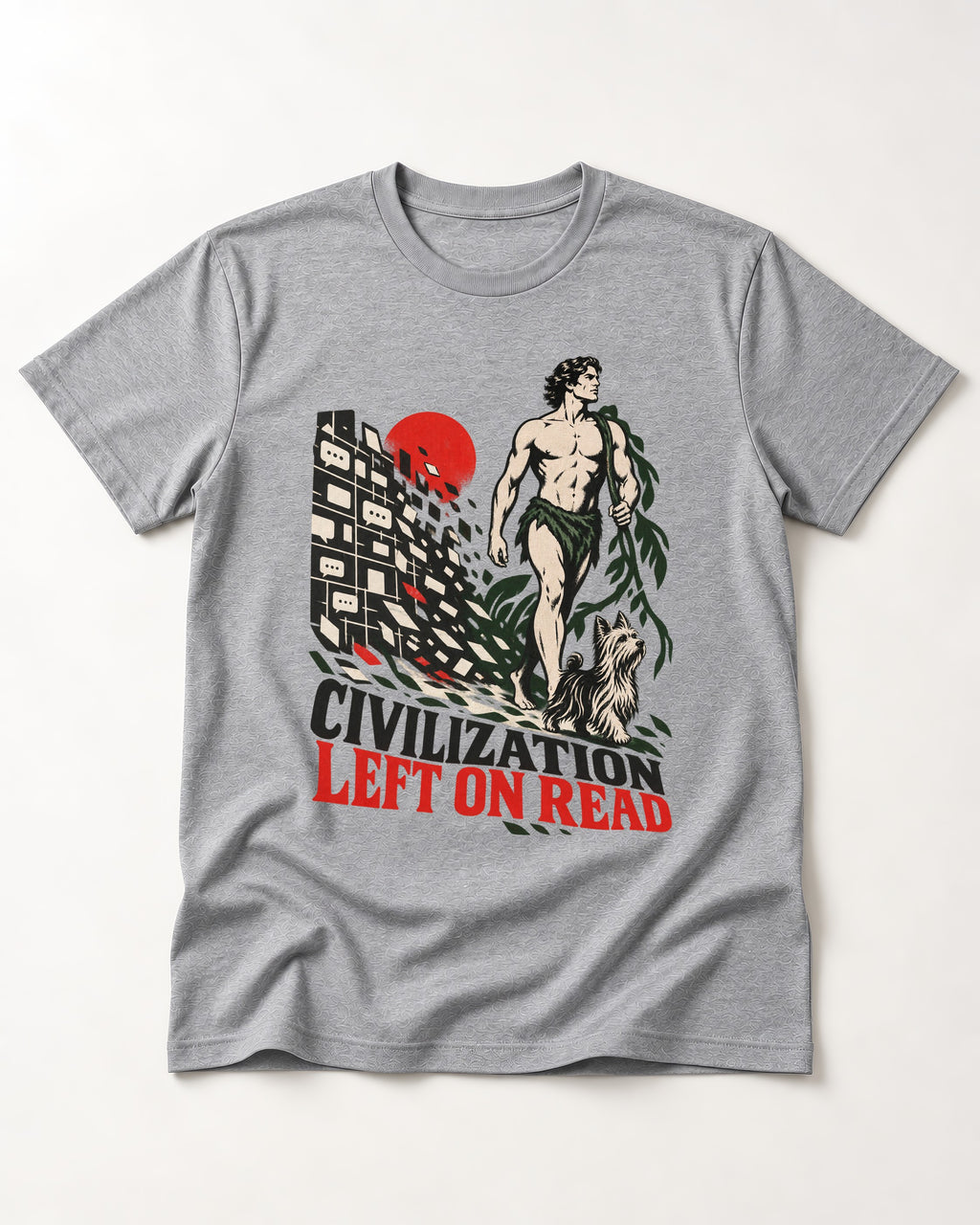Yorkshire Terrier Left Civilization on Read T-Shirt in Sport Grey, flat lay product photo