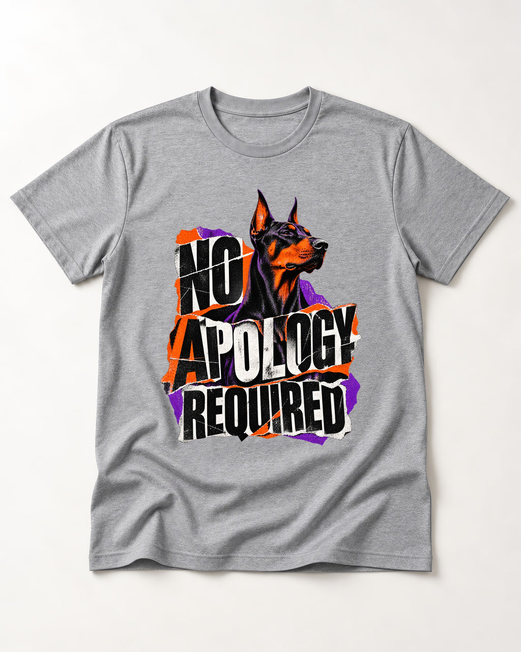 Doberman No Apology Required Torn Paper Graphic T-Shirt in Sport Grey, flat lay product photo