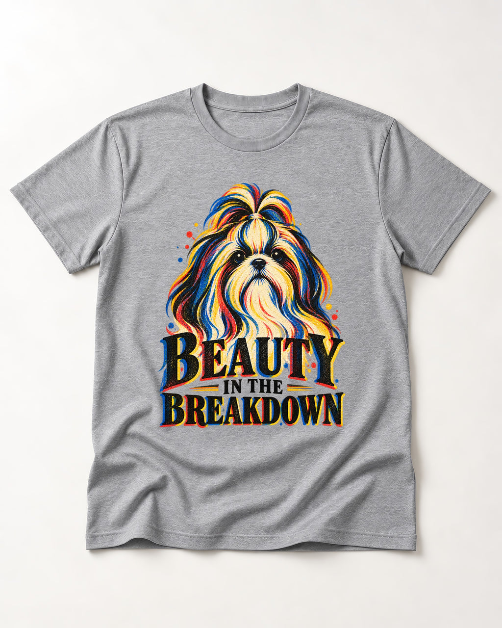 Shih Tzu Beauty in the Breakdown T-Shirt in Sport Grey, flat lay product photo