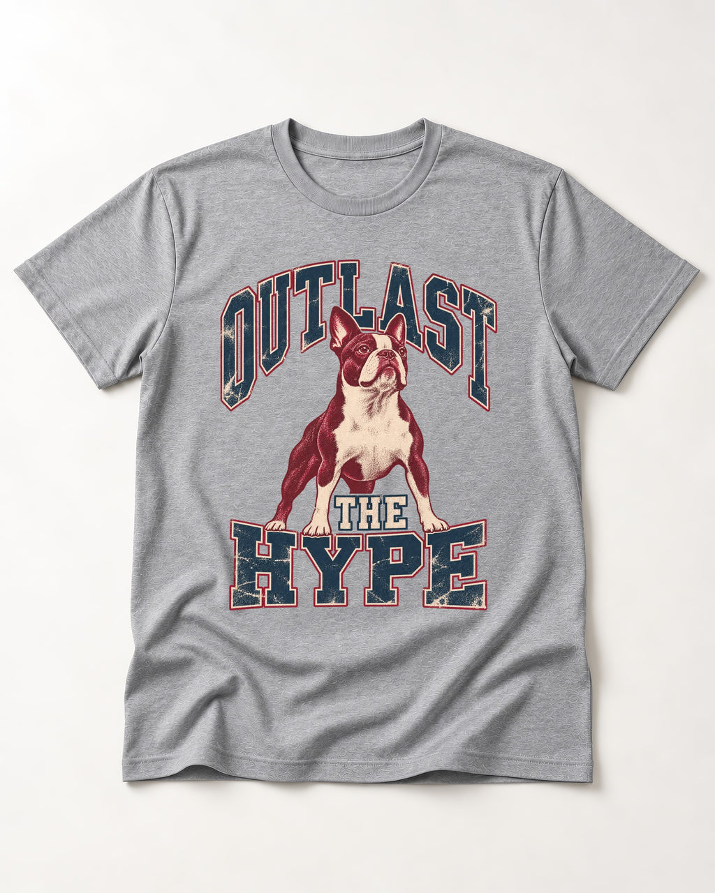 Boston Terrier Outlast The Hype Collegiate Graphic T-Shirt in Sport Grey, flat lay product photo