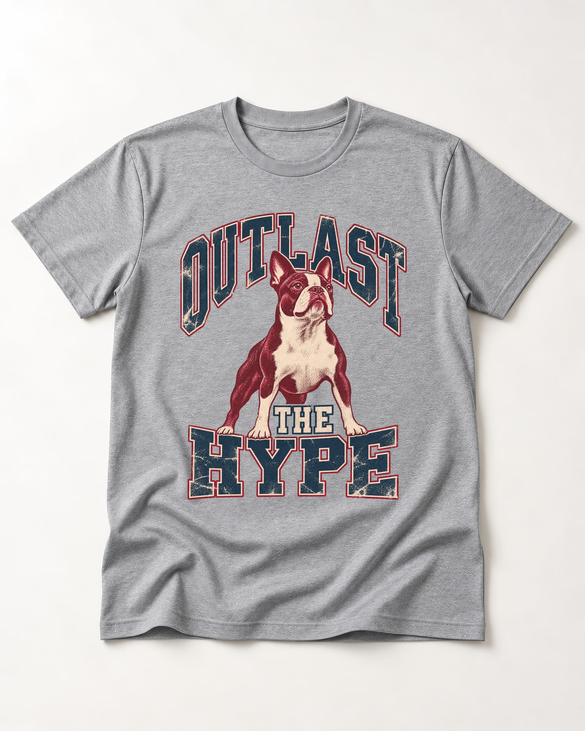 Boston Terrier Outlast The Hype Collegiate Graphic T-Shirt in Sport Grey, flat lay product photo