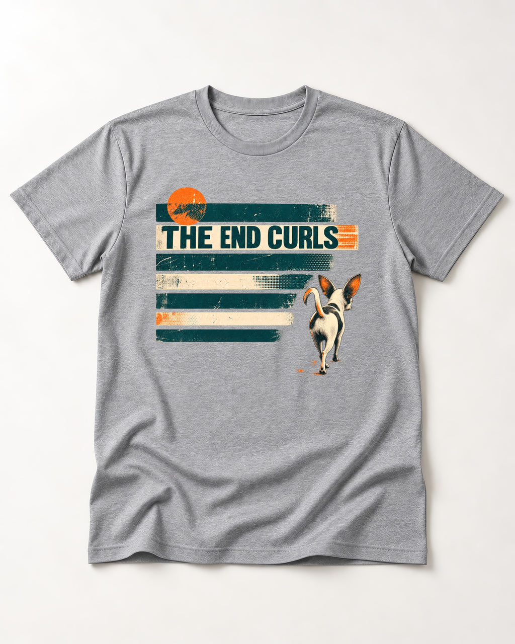 Chihuahua The End Curls Retro Stripe Graphic T-Shirt in Sport Grey, flat lay product photo