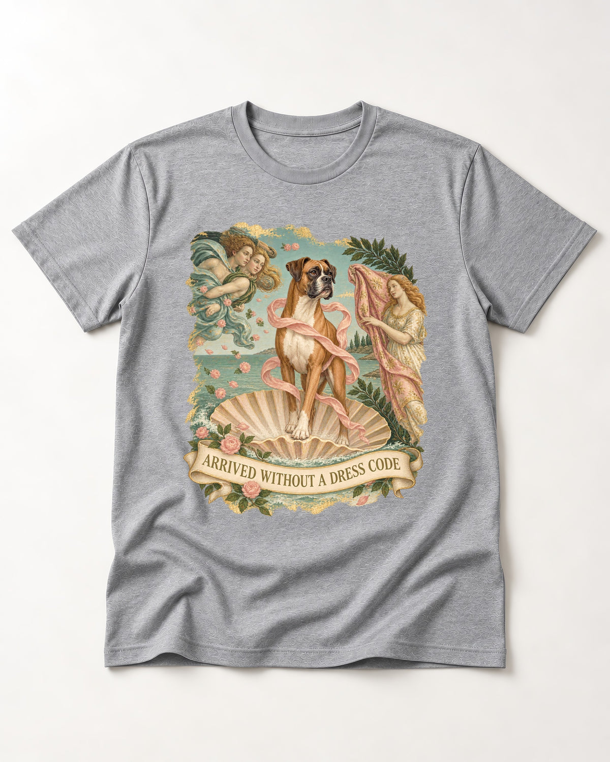 Arrived Without a Dress Code Boxer Classical Collage T-Shirt in Sport Grey, flat lay product photo