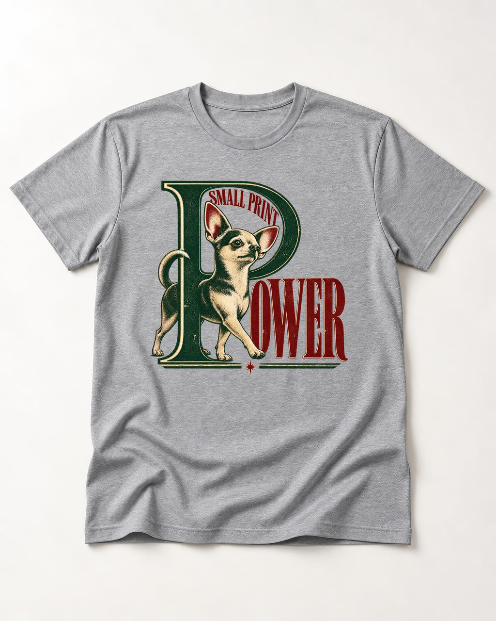 Chihuahua Small Print Power Monogram Graphic T-Shirt in Sport Grey, flat lay product photo