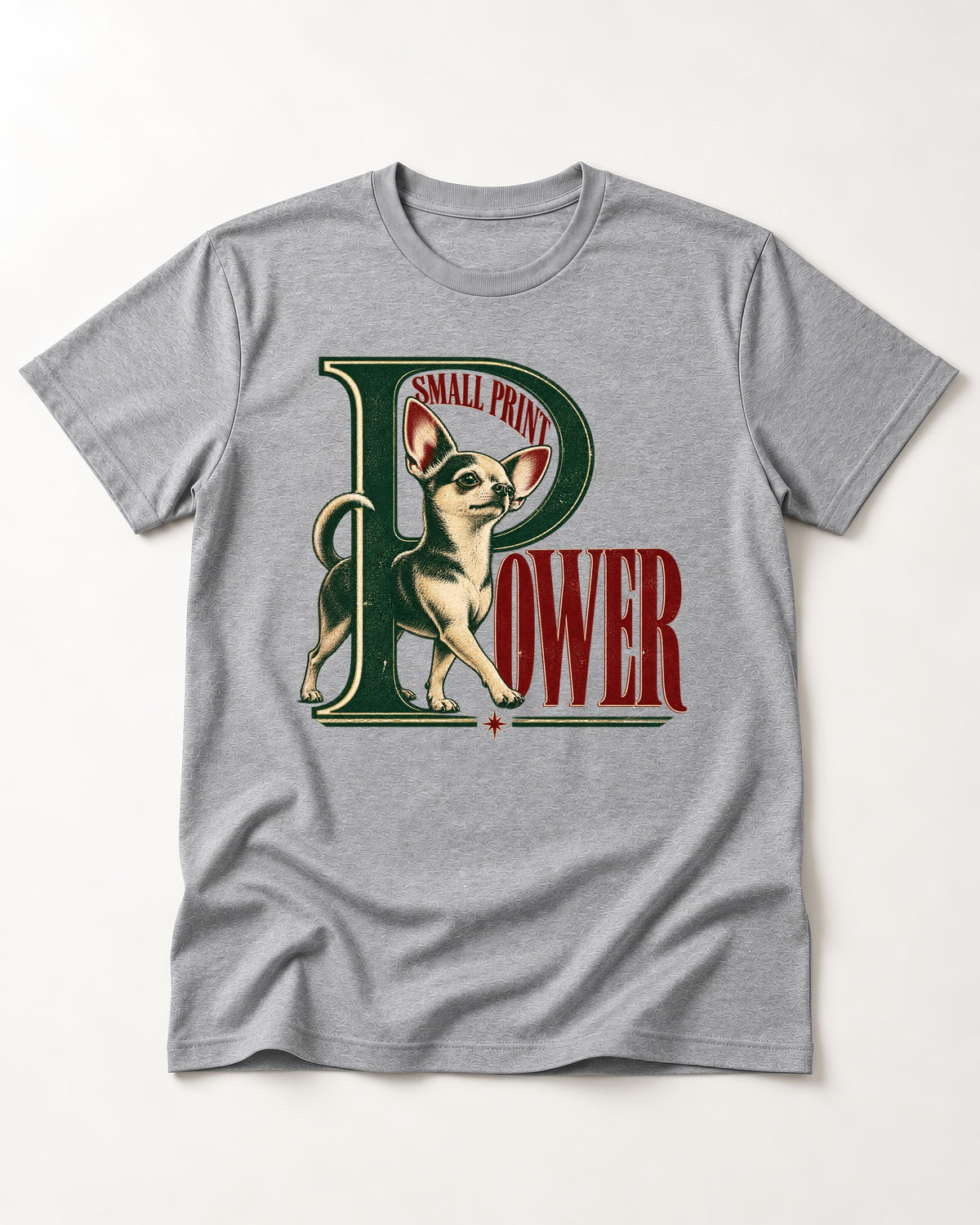 Chihuahua Small Print Power Monogram Graphic T-Shirt in Sport Grey, flat lay product photo