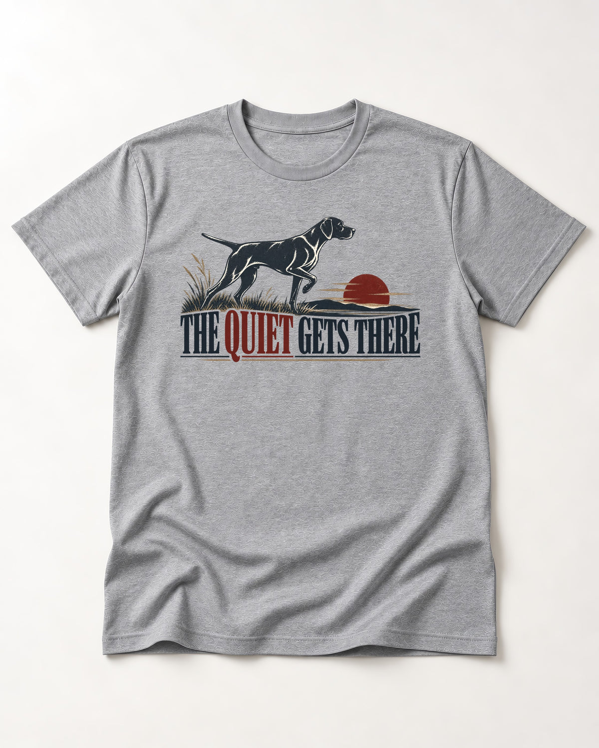 The Quiet Gets There German Shorthaired Pointer T-Shirt in Sport Grey, flat lay product photo