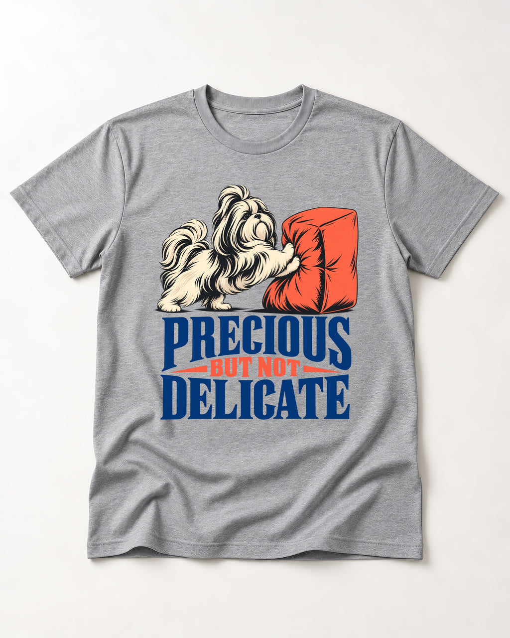 Precious but Not Delicate Shih Tzu T-Shirt in Sport Grey, flat lay product photo