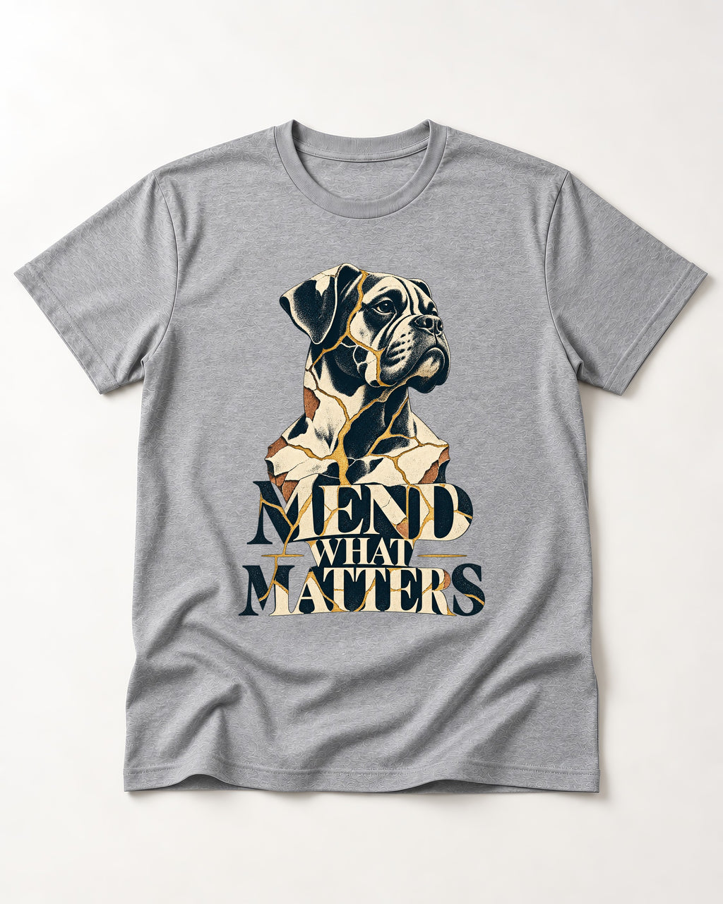 Mend What Matters Boxer Kintsugi Portrait T-Shirt in Sport Grey, flat lay product photo