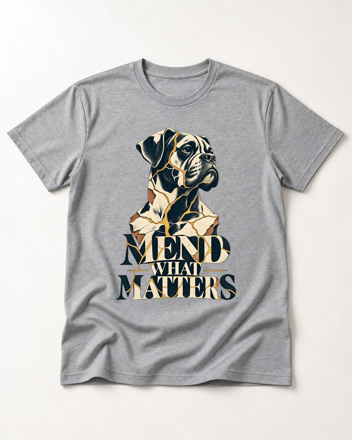 Mend What Matters Boxer Kintsugi Portrait T-Shirt in Sport Grey, flat lay product photo