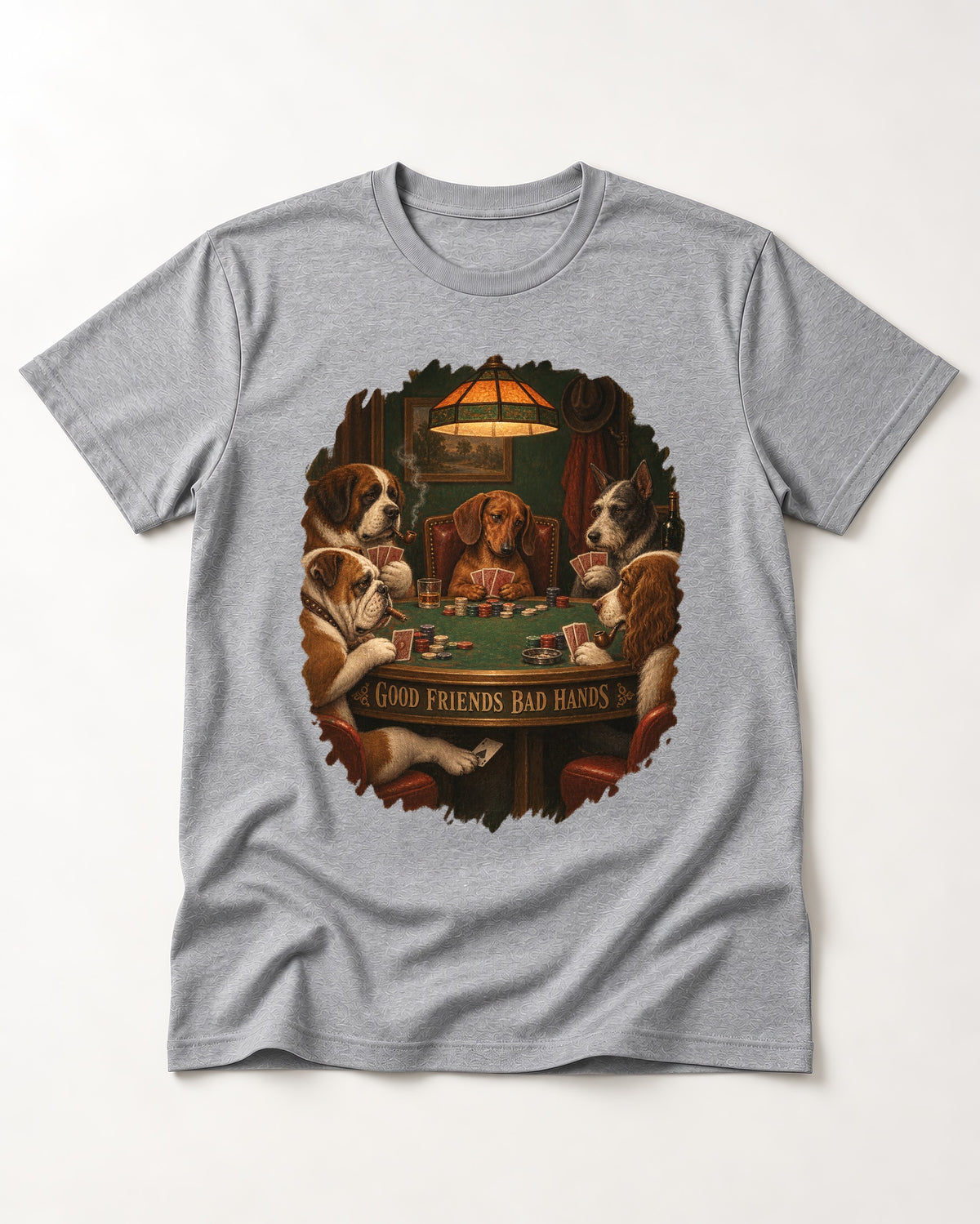 Dachshund Good Friends Bad Hands Poker Scene T-Shirt in Sport Grey, flat lay product photo