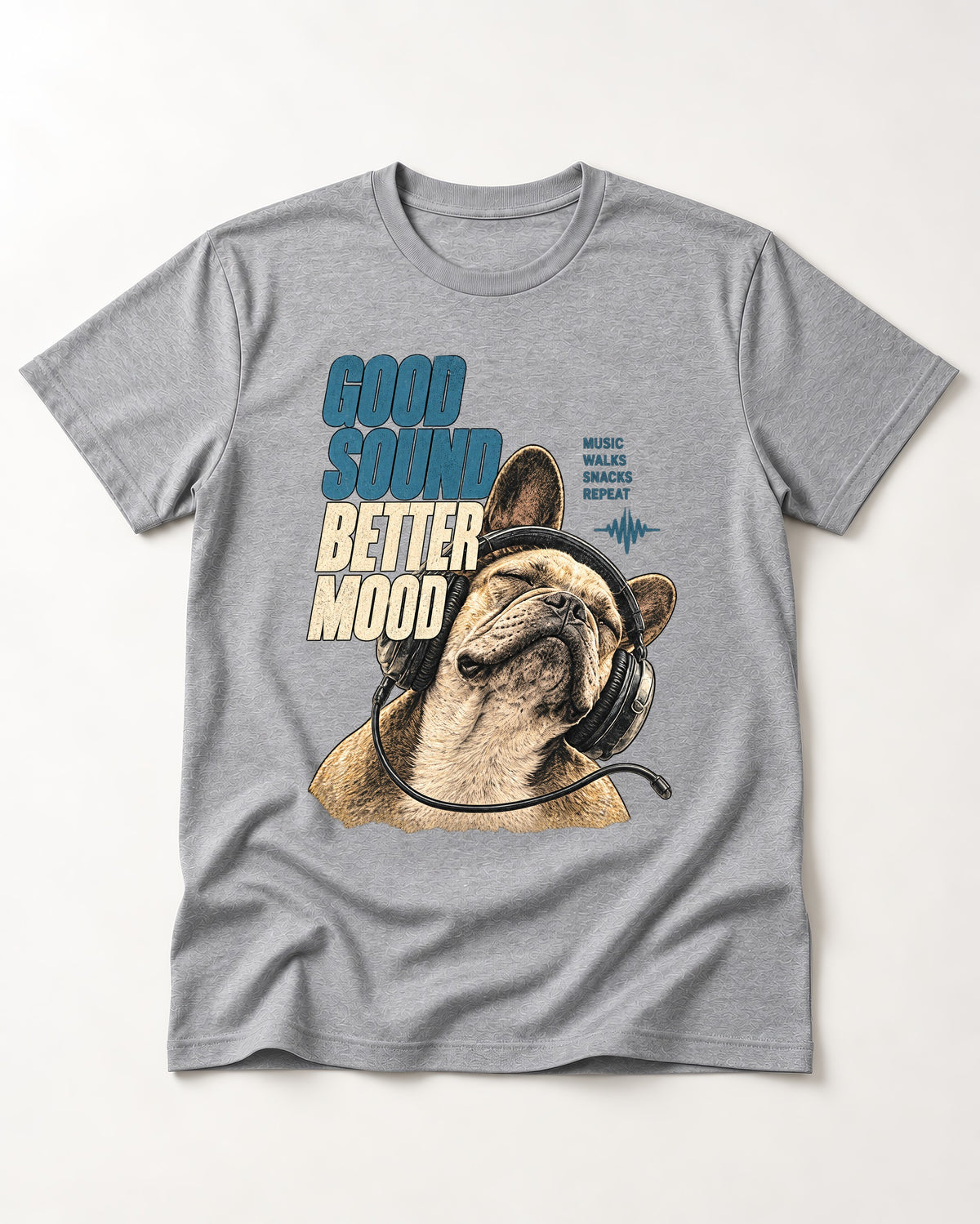 Frenchie Good Sound Better Mood Headphones Graphic T-Shirt in Sport Grey, flat lay product photo