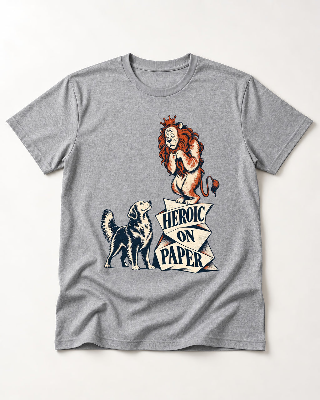 Golden Retriever Heroic on Paper Lion Graphic T-Shirt in Sport Grey, flat lay product photo