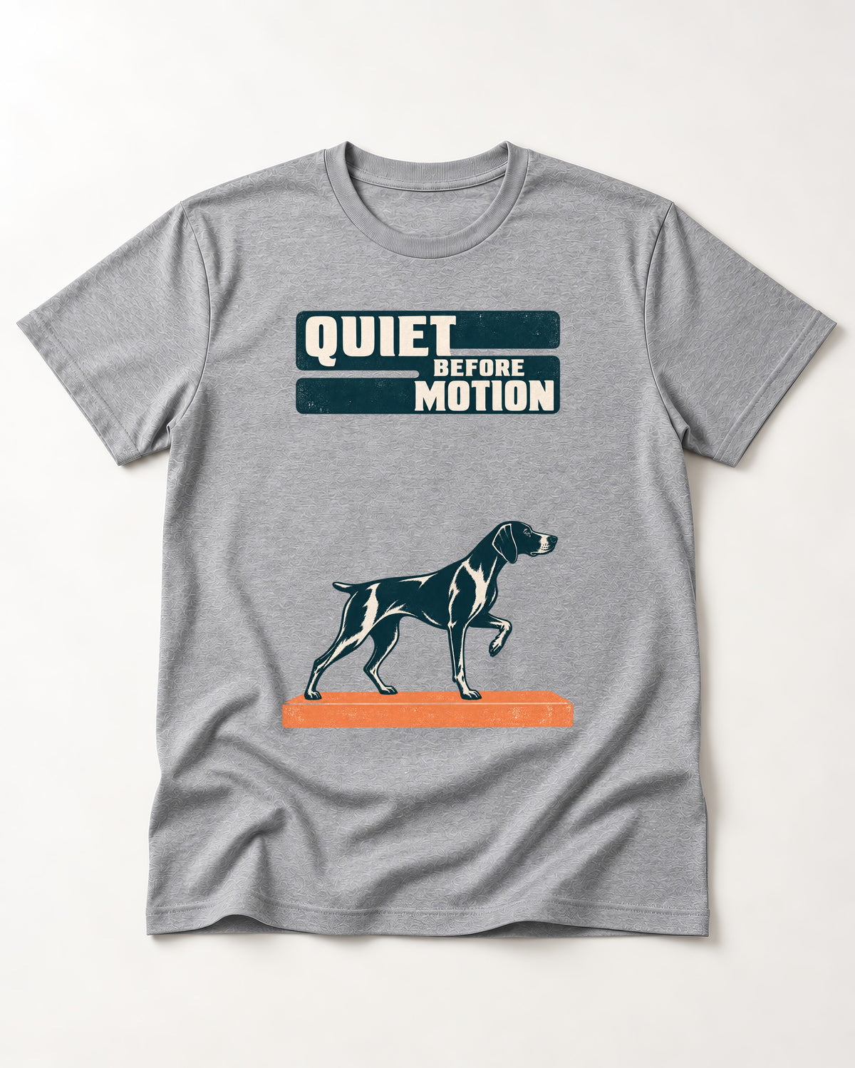 Quiet Before Motion German Shorthaired Pointer T-Shirt in Sport Grey, flat lay product photo