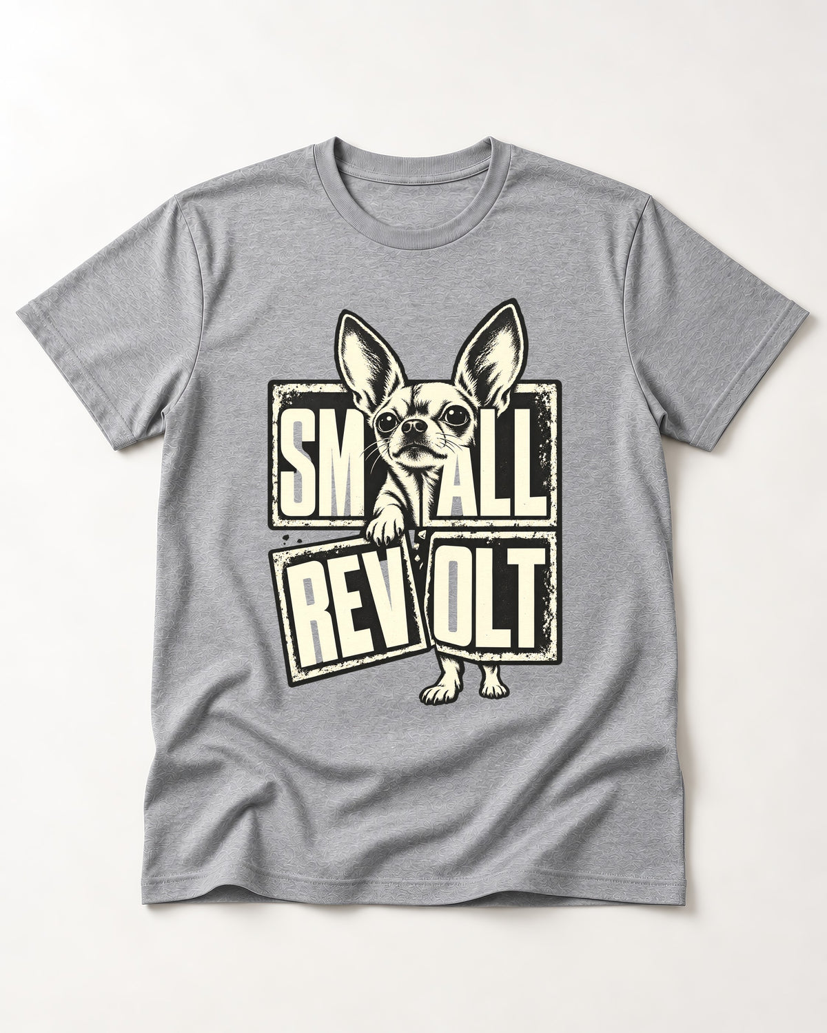 Chihuahua Small Revolt Broken Grid Graphic T-Shirt in Sport Grey, flat lay product photo