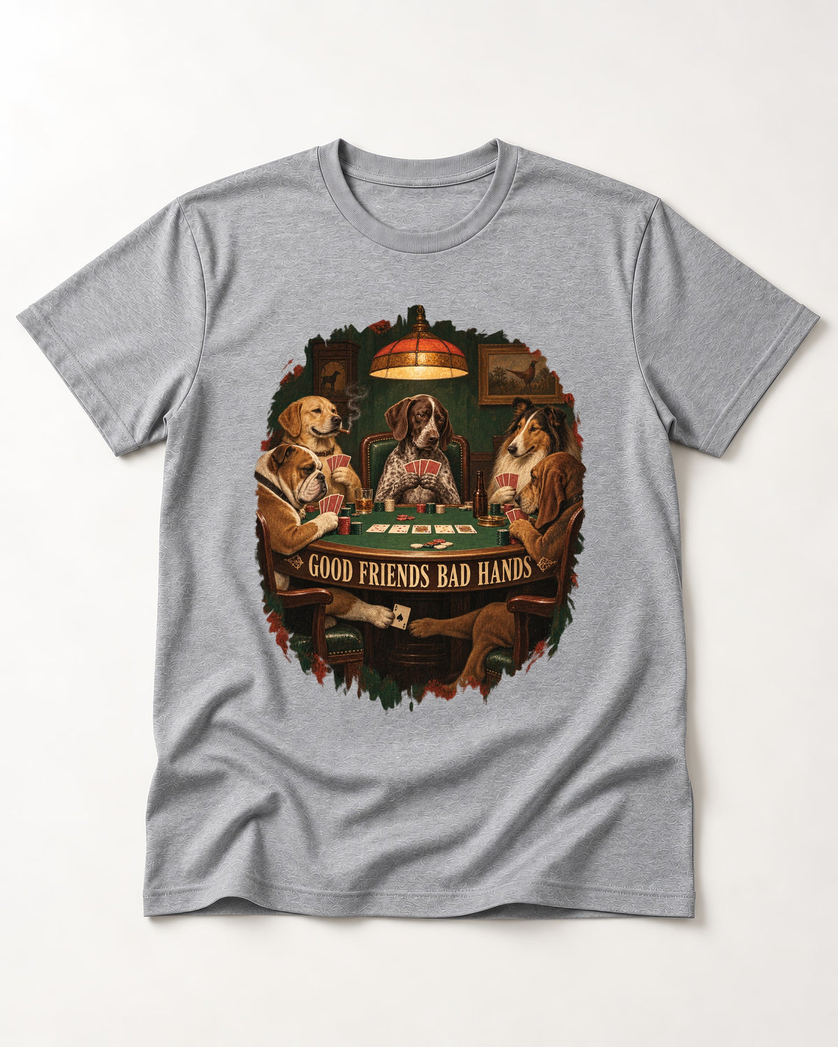 German Shorthaired Pointer Good Friends Bad Hands Poker Night Graphic T-Shirt in Sport Grey, flat lay product photo