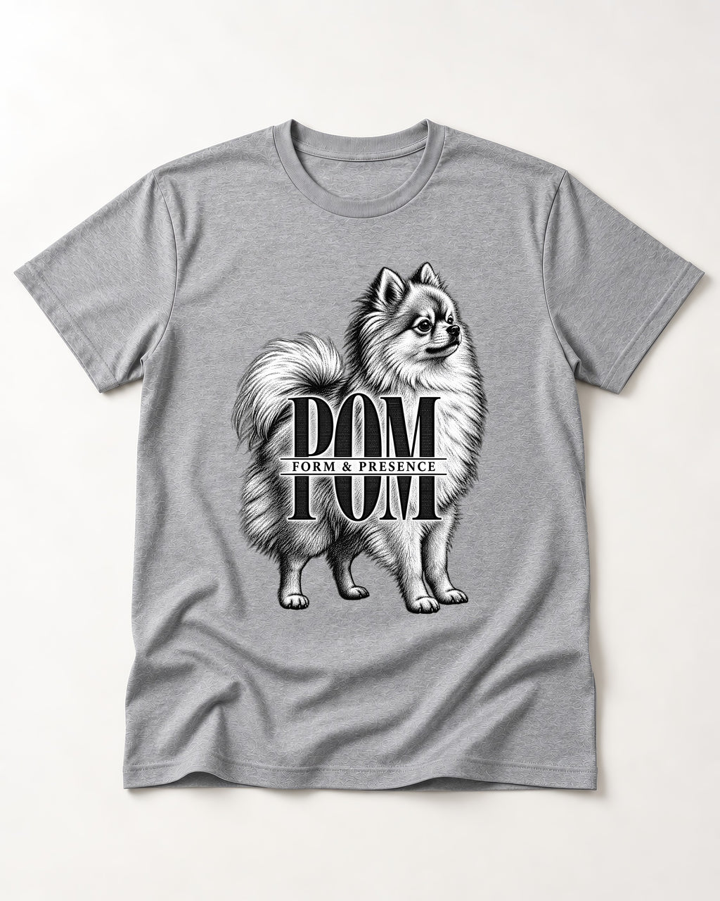 Pomeranian Form and Presence Monogram Graphic T-Shirt in Sport Grey, flat lay product photo