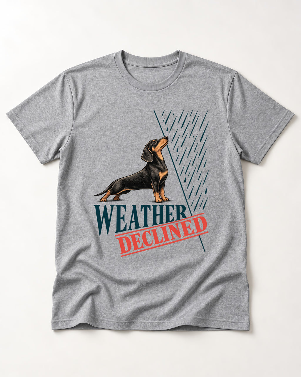 Weather Declined by Dachshund T-Shirt in Sport Grey, flat lay product photo