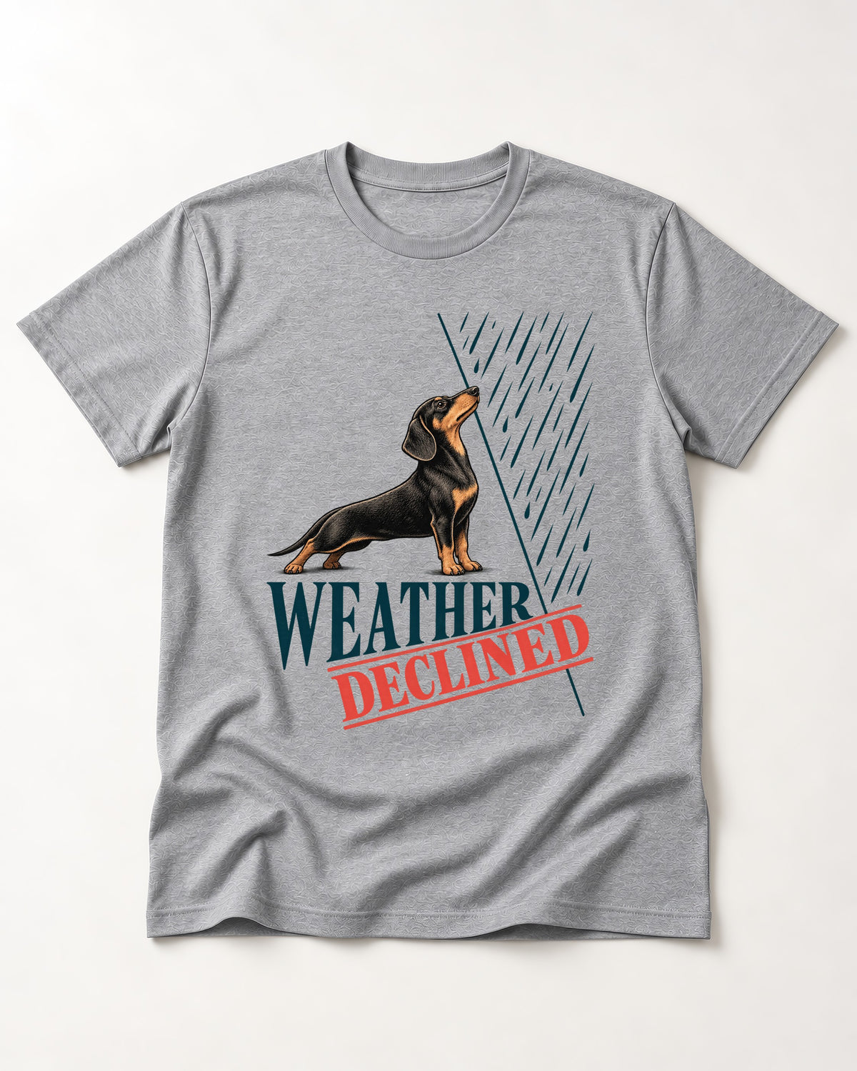 Weather Declined by Dachshund T-Shirt in Sport Grey, flat lay product photo