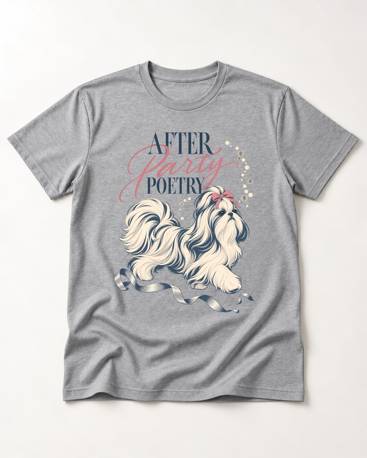 After Party Poetry Shih Tzu T-Shirt in Sport Grey, flat lay product photo