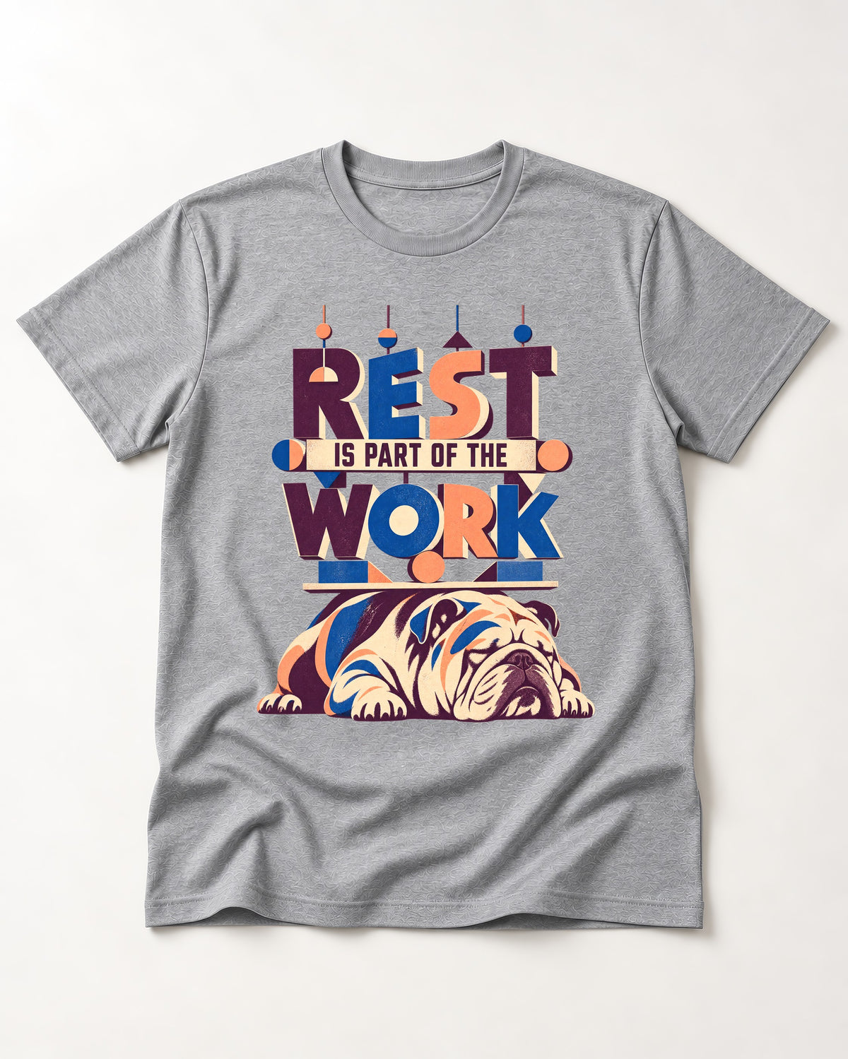 Rest Is Work English Bulldog T-Shirt in Sport Grey, flat lay product photo