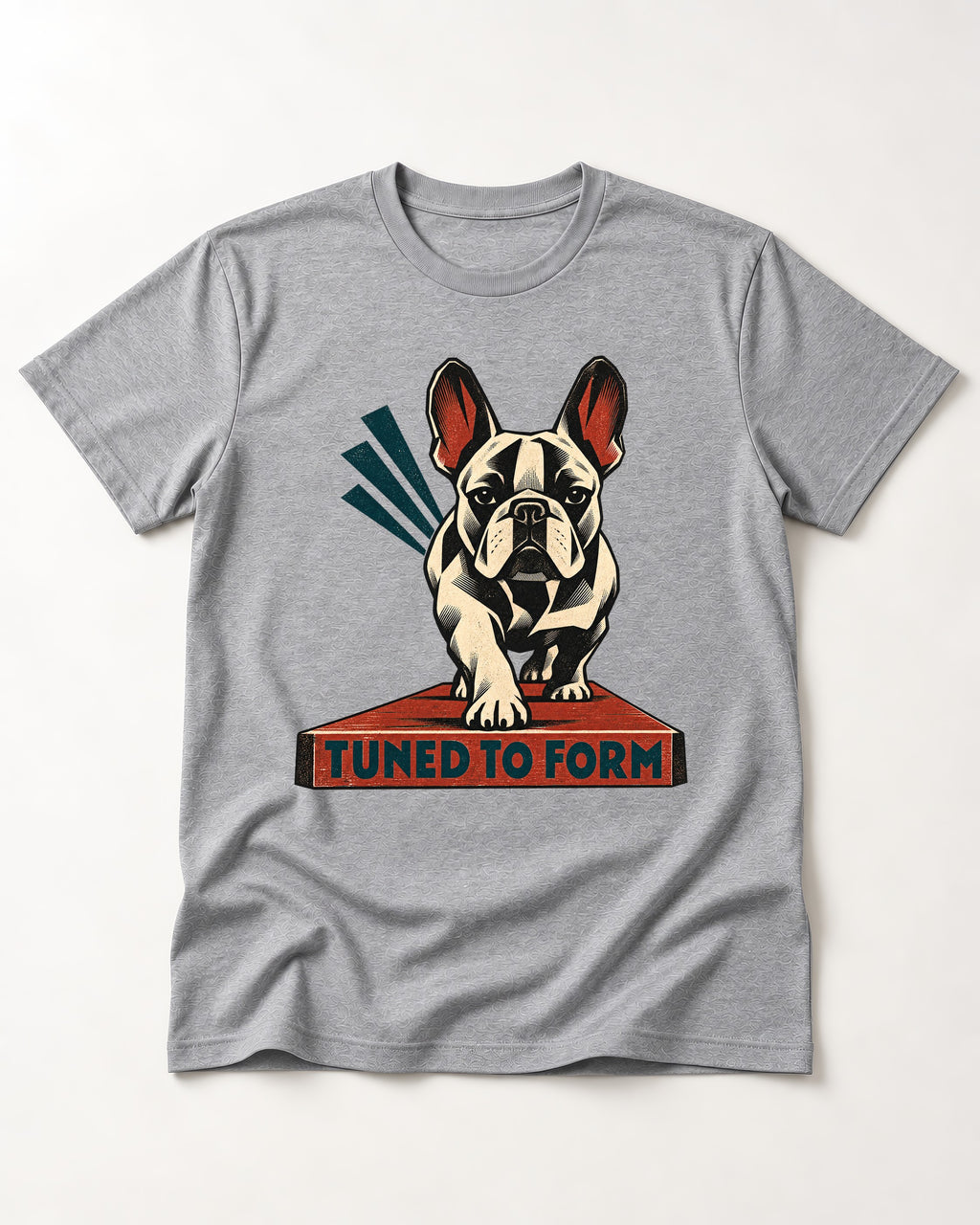 Frenchie Tuned to Form T-Shirt in Sport Grey, flat lay product photo