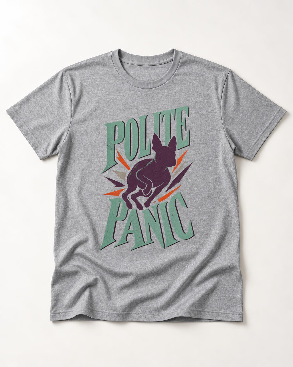 Polite Panic Boston Terrier T-Shirt in Sport Grey, flat lay product photo