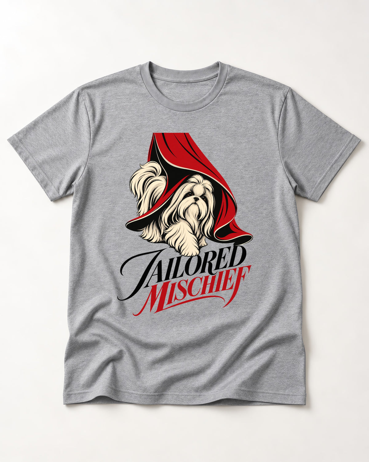 Tailored Mischief Shih Tzu T-Shirt in Sport Grey, flat lay product photo