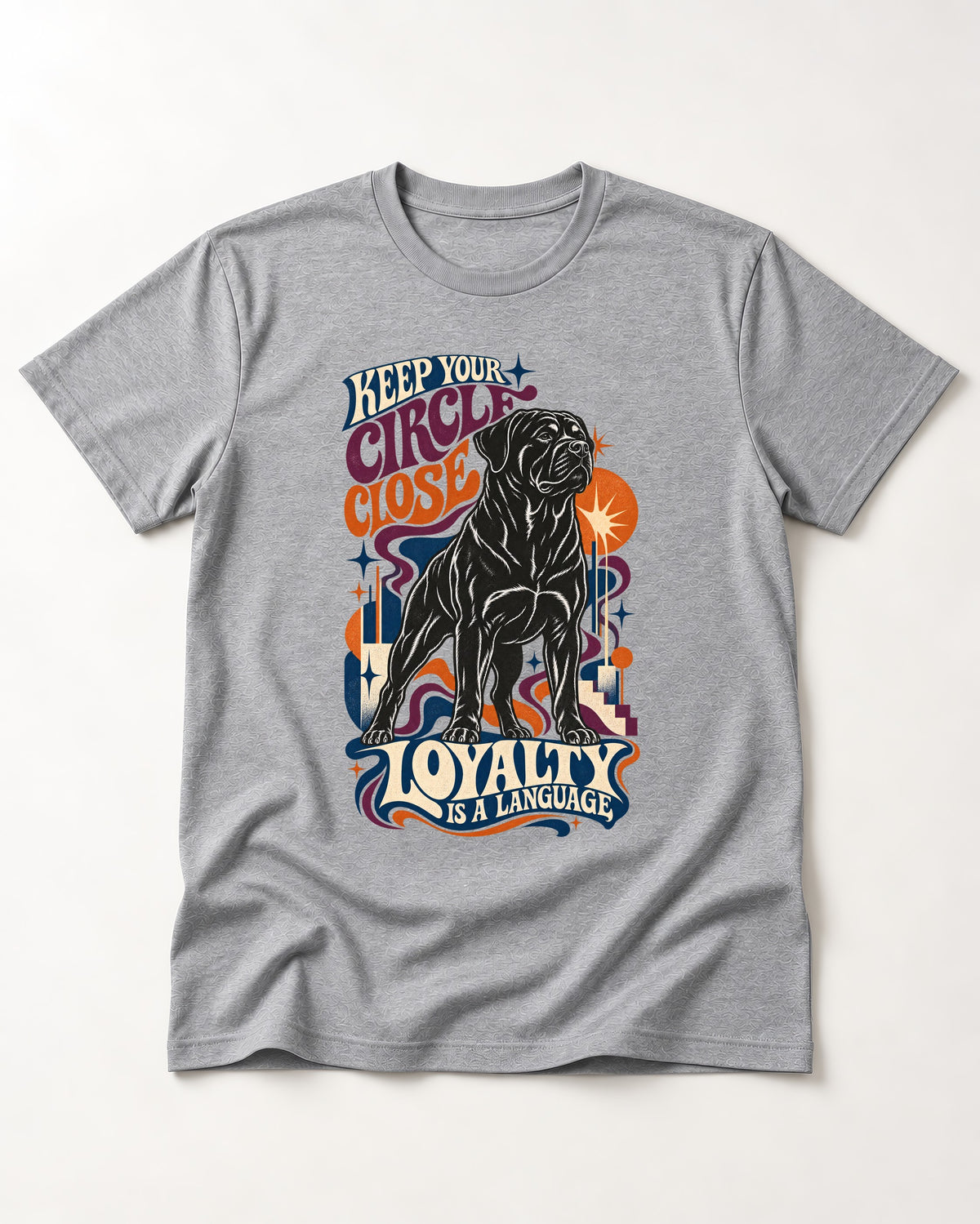 Keep Your Rottweiler Circle Close T-Shirt in Sport Grey, flat lay product photo
